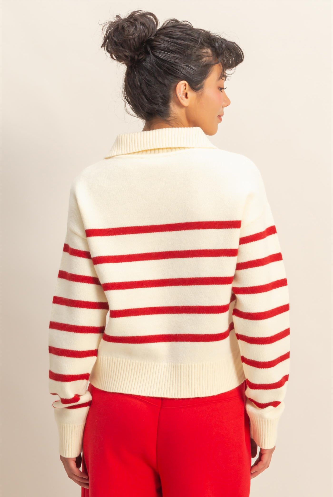 Wholesale Striped Half Zip Sweater Sweaters DZ25E282 CREAM/RED DOUBLE ZERO