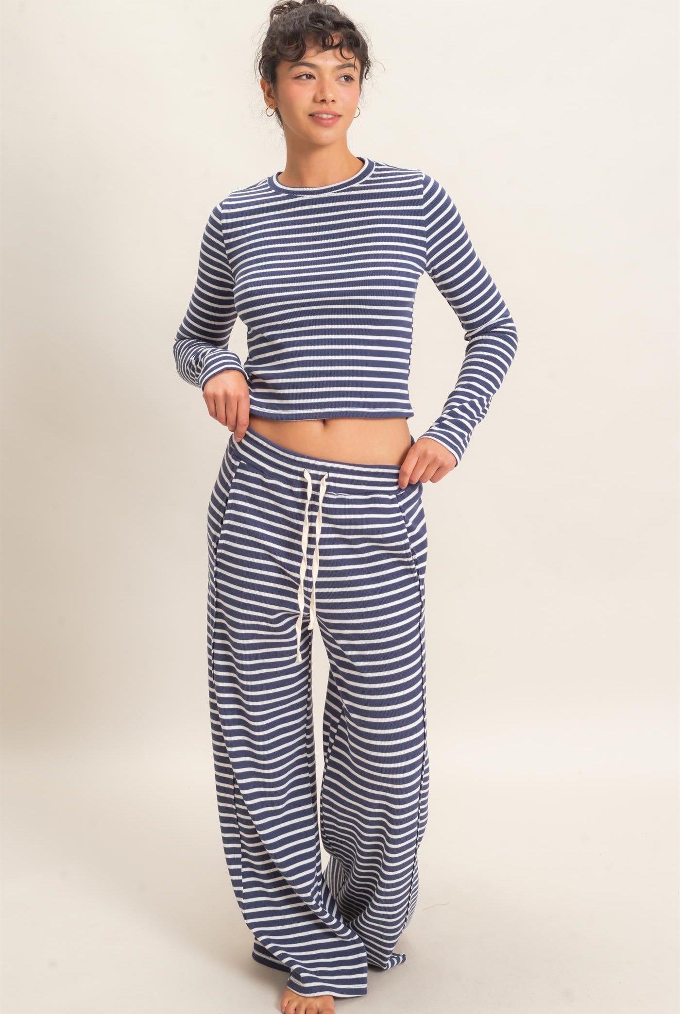 Wholesale Striped Waffle Long Sleeve Top & Pants Set Clothing DZ25F479-SET NAVY DOUBLE ZERO