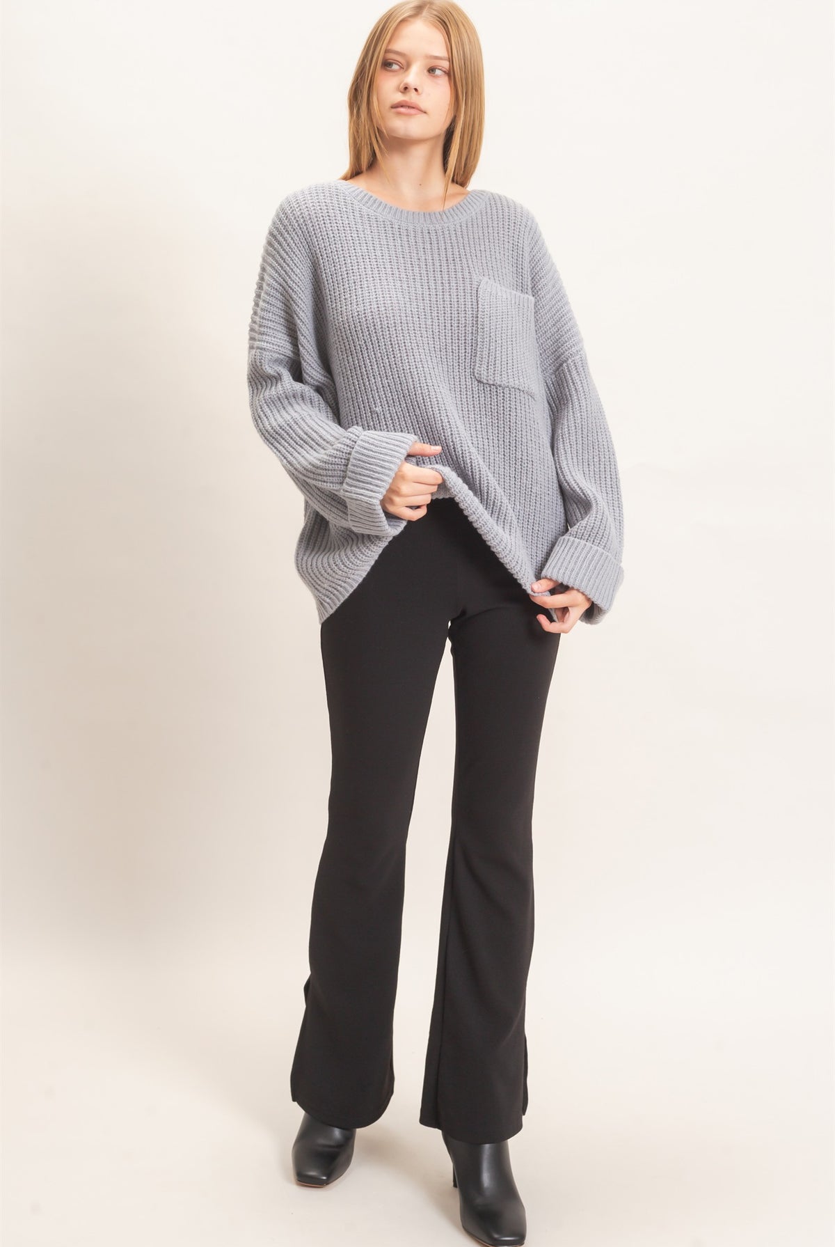 Wholesale Ribbed Knit Patch Pocket Sweater Sweaters HF26F177 H.GRAY HYFVE