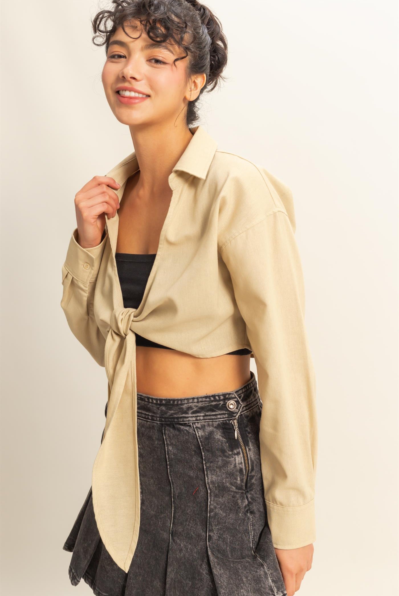 Wholesale Sand Washed Tie Front Crop Top Blouses DZ24C963 LIGHT TAUPE DOUBLE ZERO