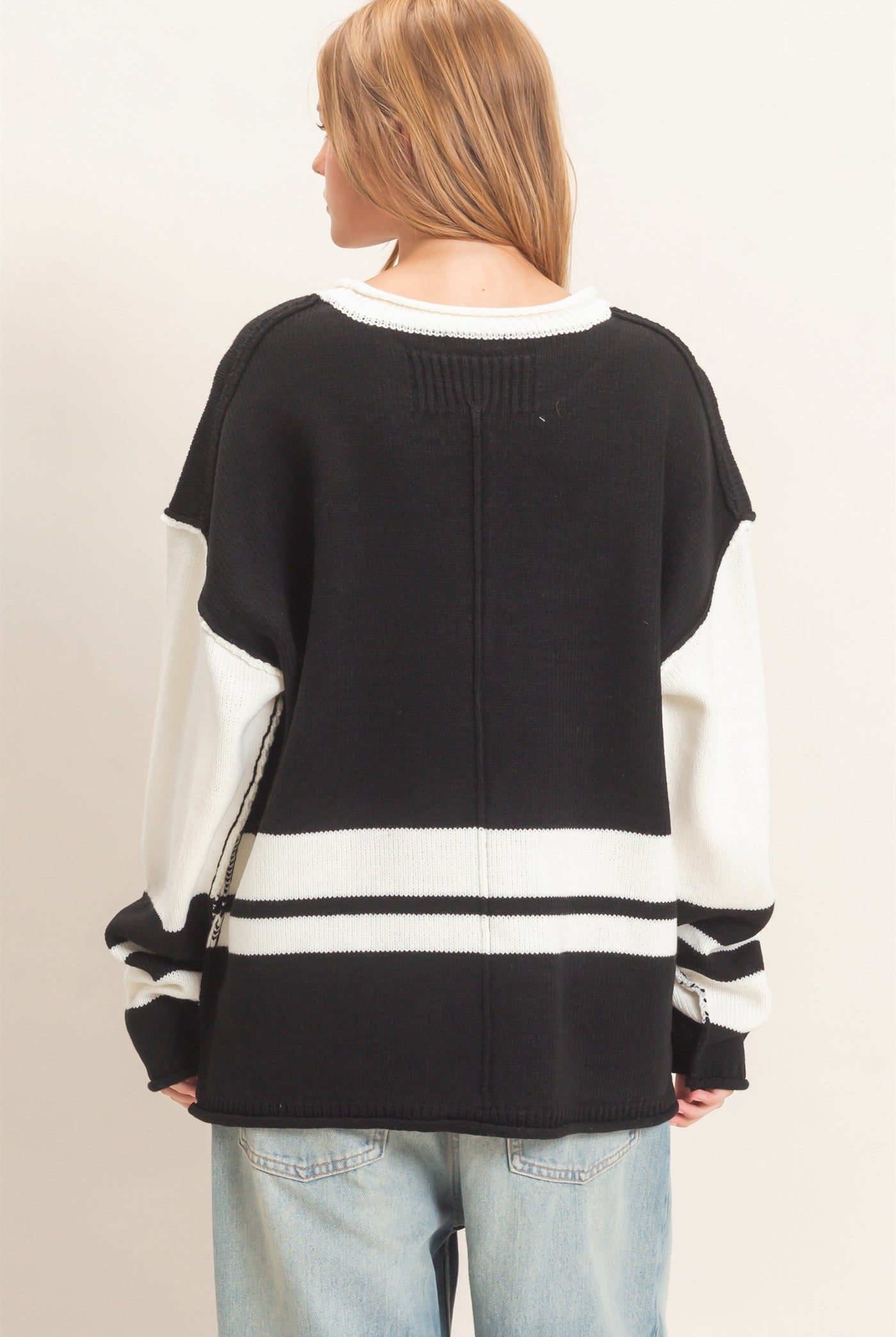 Wholesale Striped Crew Neck Sweater Sweaters HF26E793 BLACK HYFVE