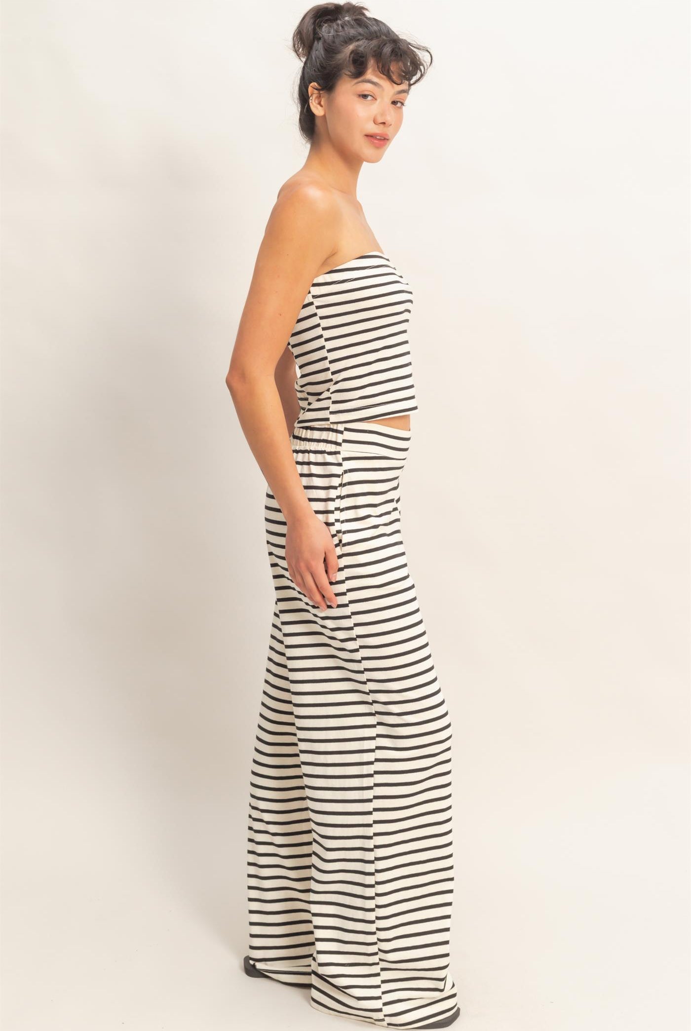 Wholesale Striped Jersey Tube Top And Pants Set Clothing DZ26C621-SET BLACK DOUBLE ZERO