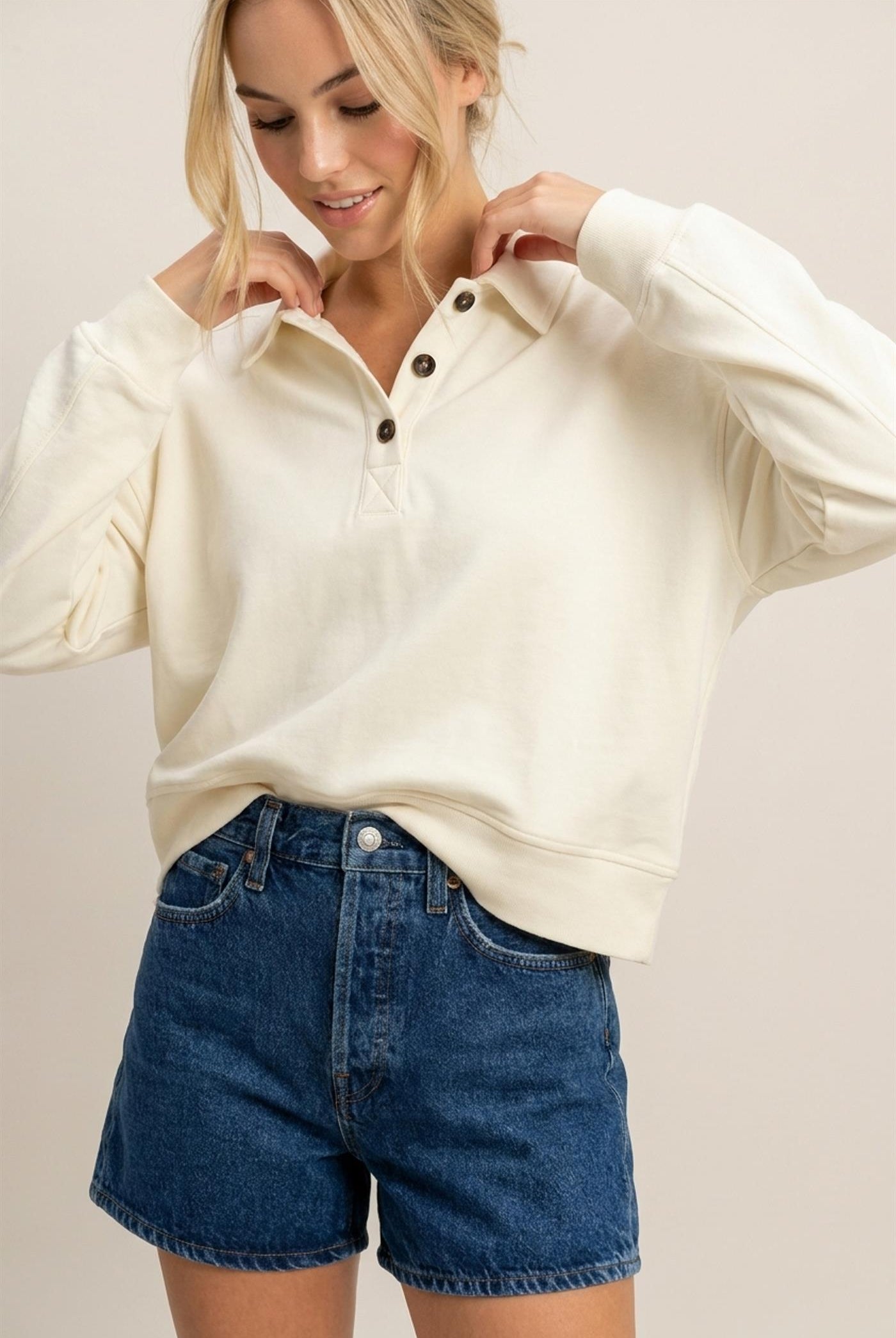Wholesale Washed Button-Front Collared Sweatshirt Sweatshirts DZ26E390 CREAM DOUBLE ZERO