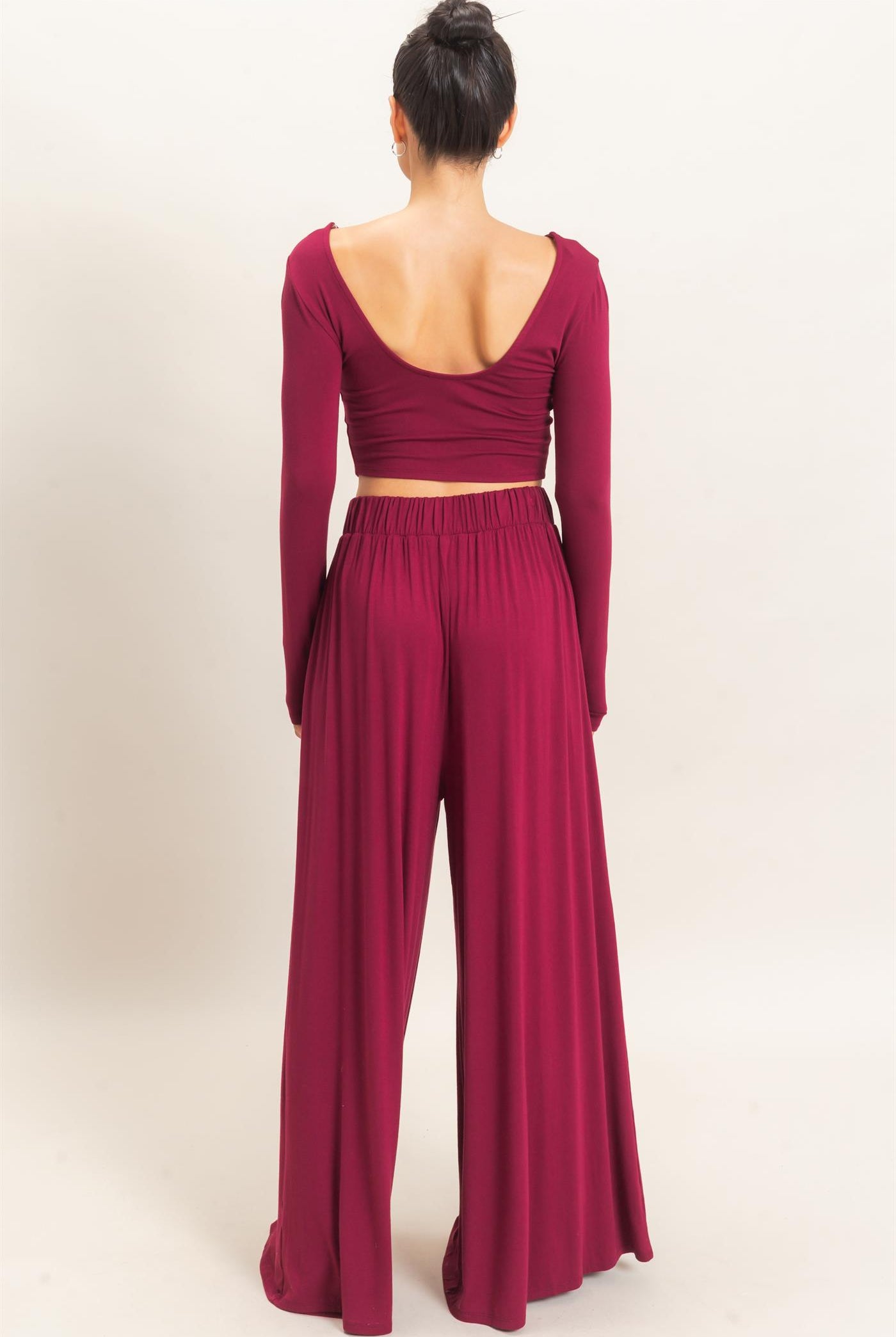 Wholesale Long Sleeve Top & Wide Leg Pants Set Clothing HF26F227-SET-D BURGUNDY HYFVE
