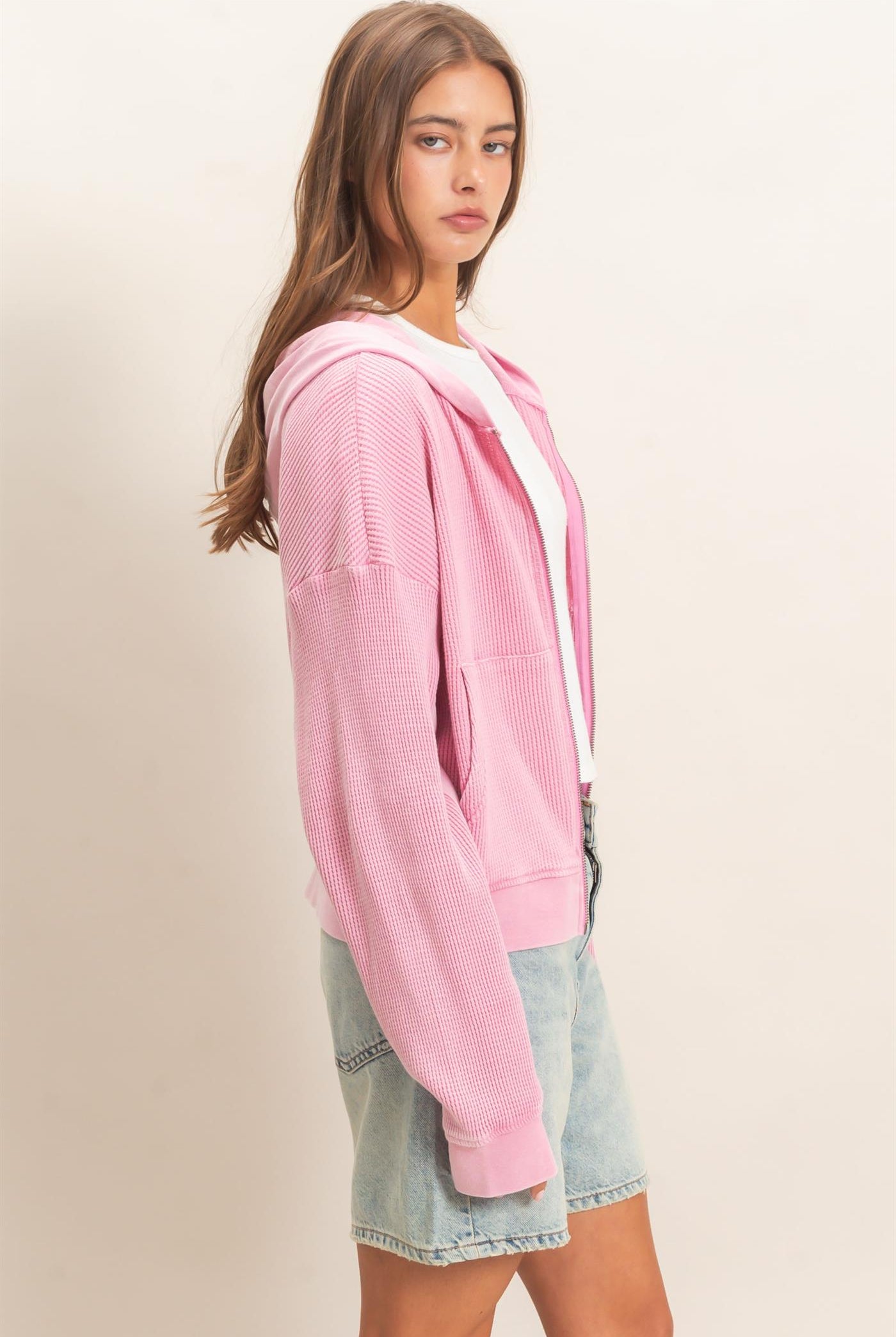 Wholesale Acid Wash Waffle Knit Zip-Up Hoodie Hoodies DZ26E401 PINK DOUBLE ZERO