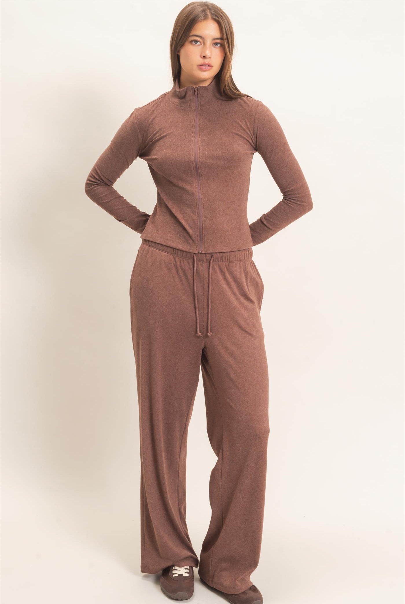 Wholesale Mock Neck Long Sleeve Zip Up Top Clothing Tops DZ26E911 DARK BROWN DOUBLE ZERO