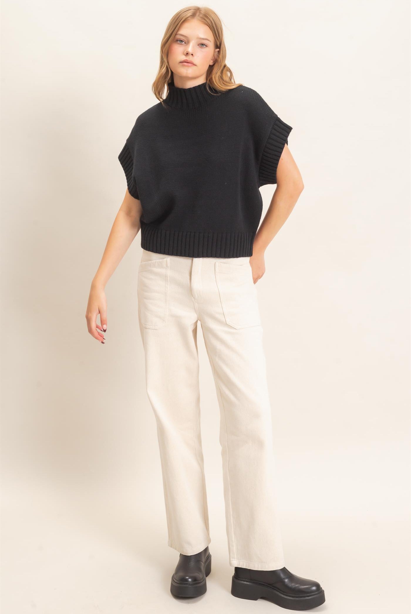 Wholesale Ribbed Mock Neck Sweater Vest Sweaters HF26F186-D BLACK HYFVE