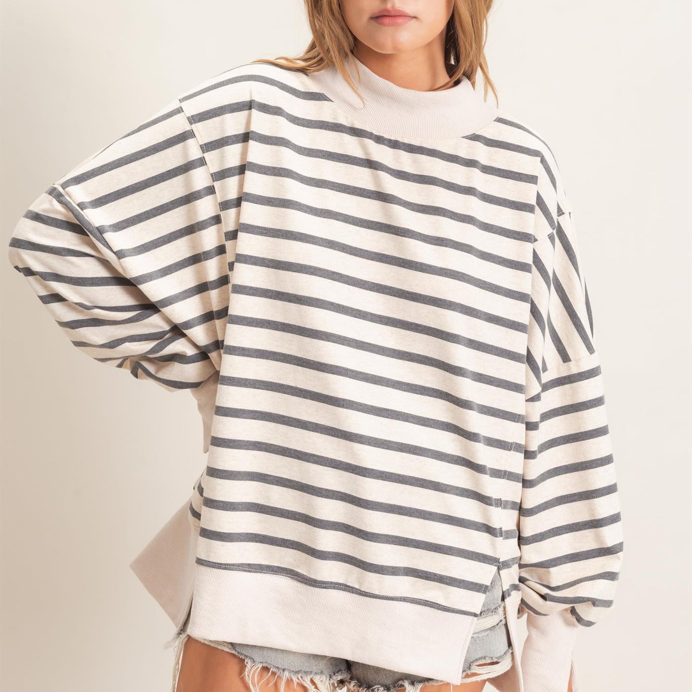 Wholesale Striped Mock Neck Sweatshirt Sweatshirts HF27A178-D GRAY/ECRU HYFVE