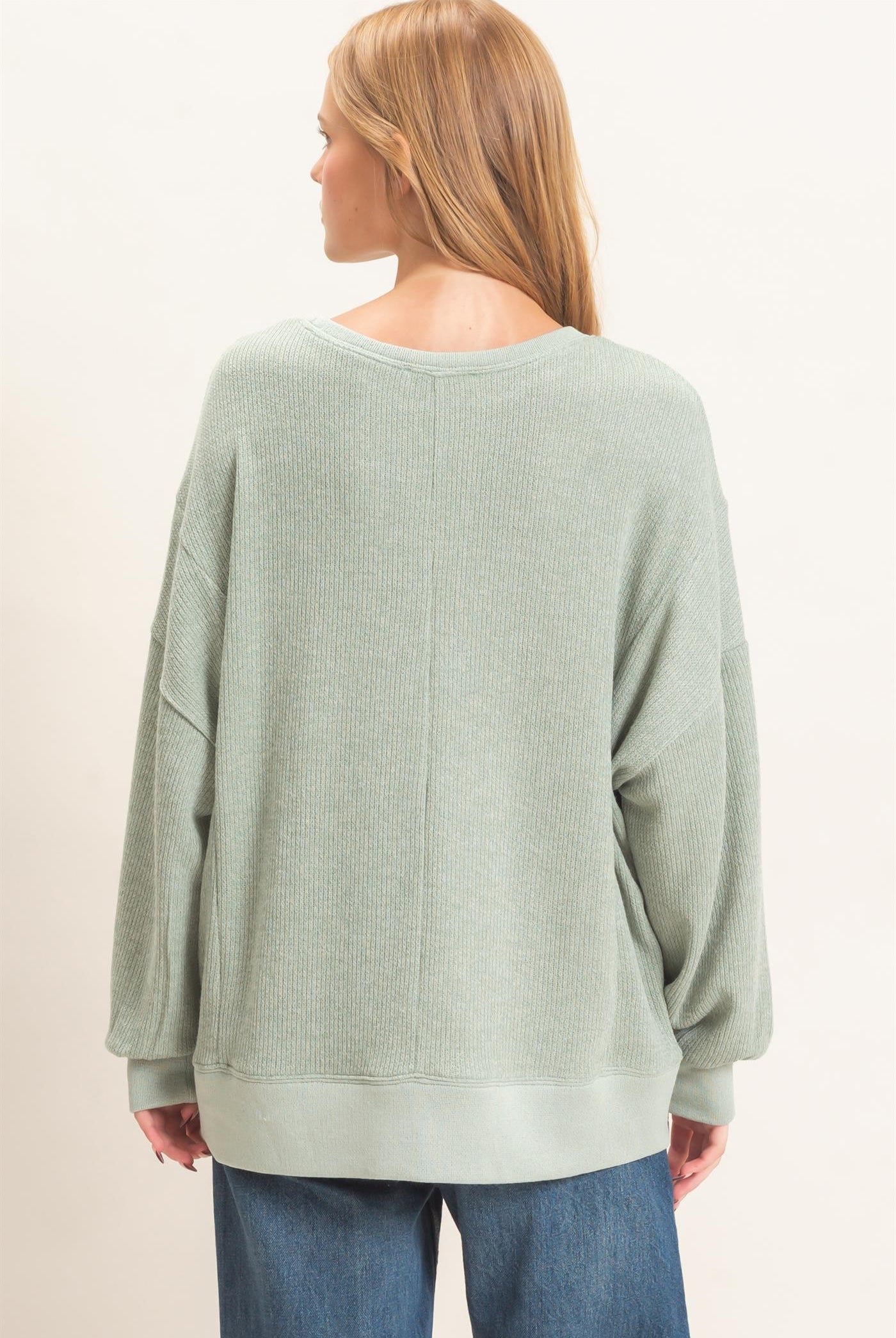 Wholesale Ribbed Boat Neck Knit Top Clothing Tops HF26E852 SAGE HYFVE