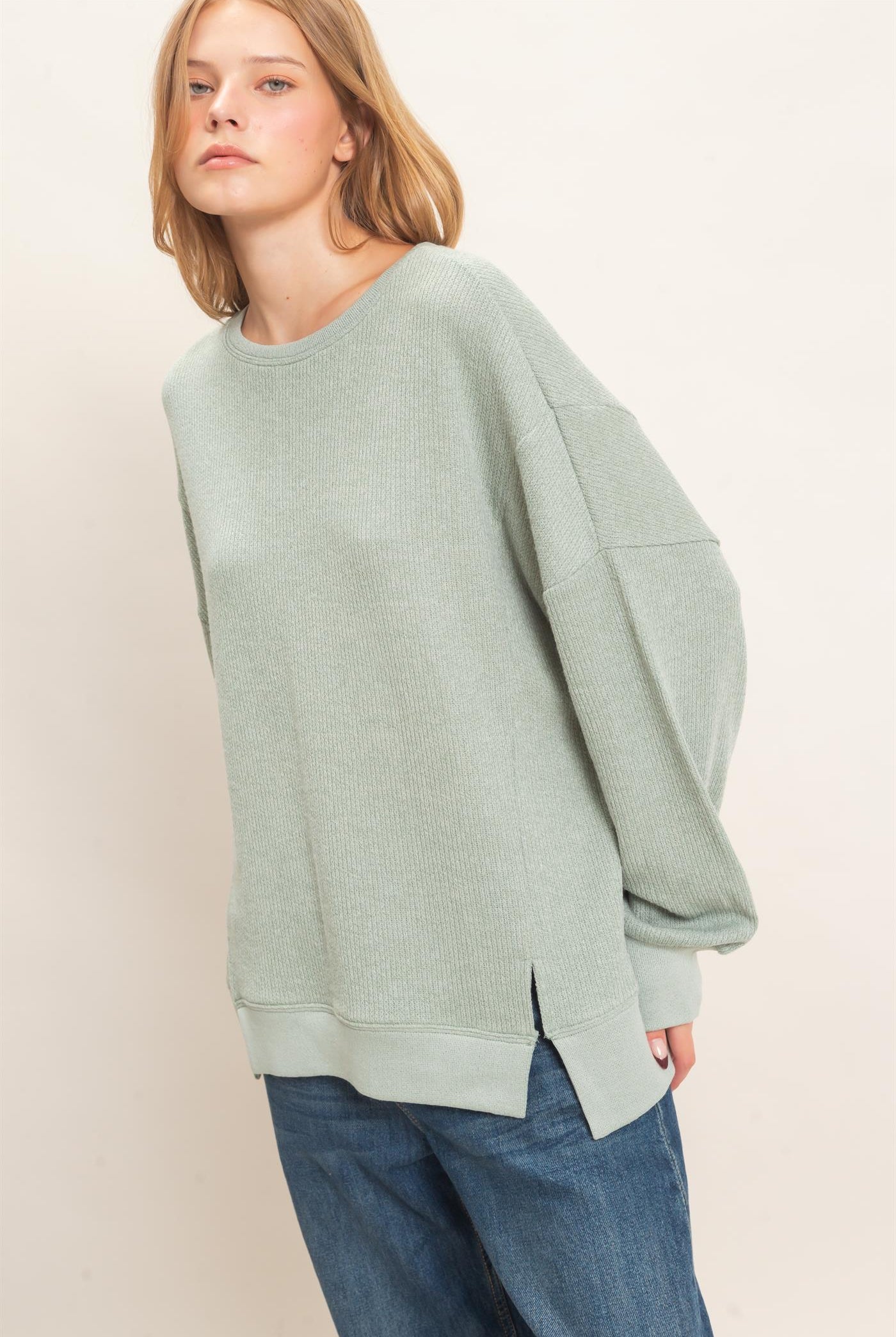 Wholesale Ribbed Boat Neck Knit Top Clothing Tops HF26E852 SAGE HYFVE