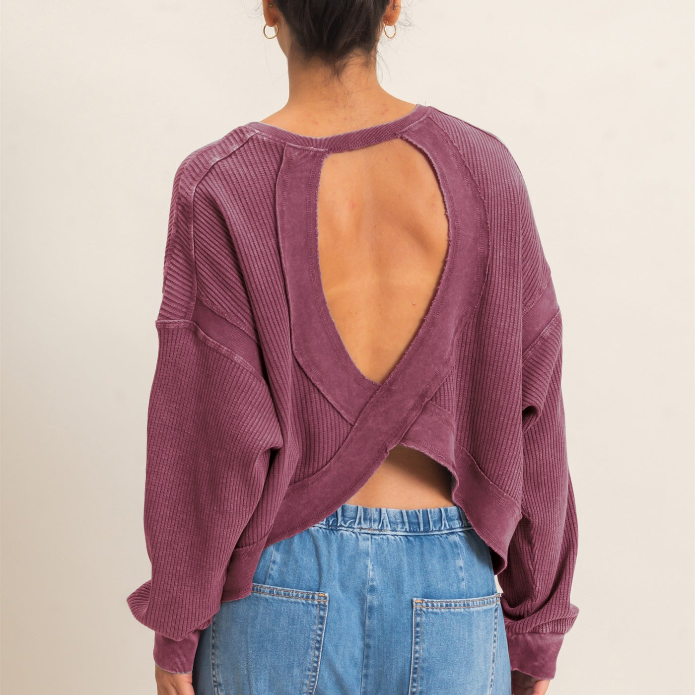 Wholesale Mineral Wash Waffle Open Back Top Clothing Tops DZ26C964 DARK CHERRY DOUBLE ZERO