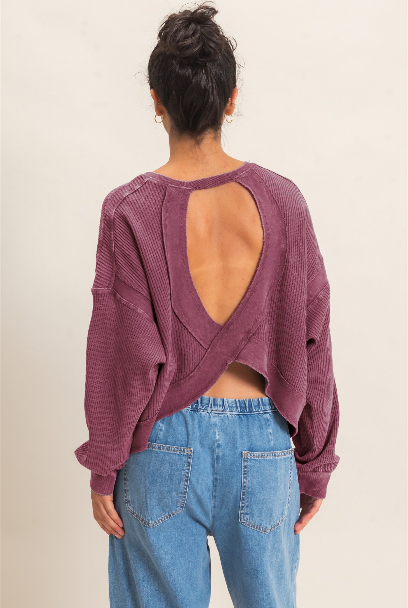 Wholesale Mineral Wash Waffle Open Back Top Clothing Tops DZ26C964 DARK CHERRY DOUBLE ZERO