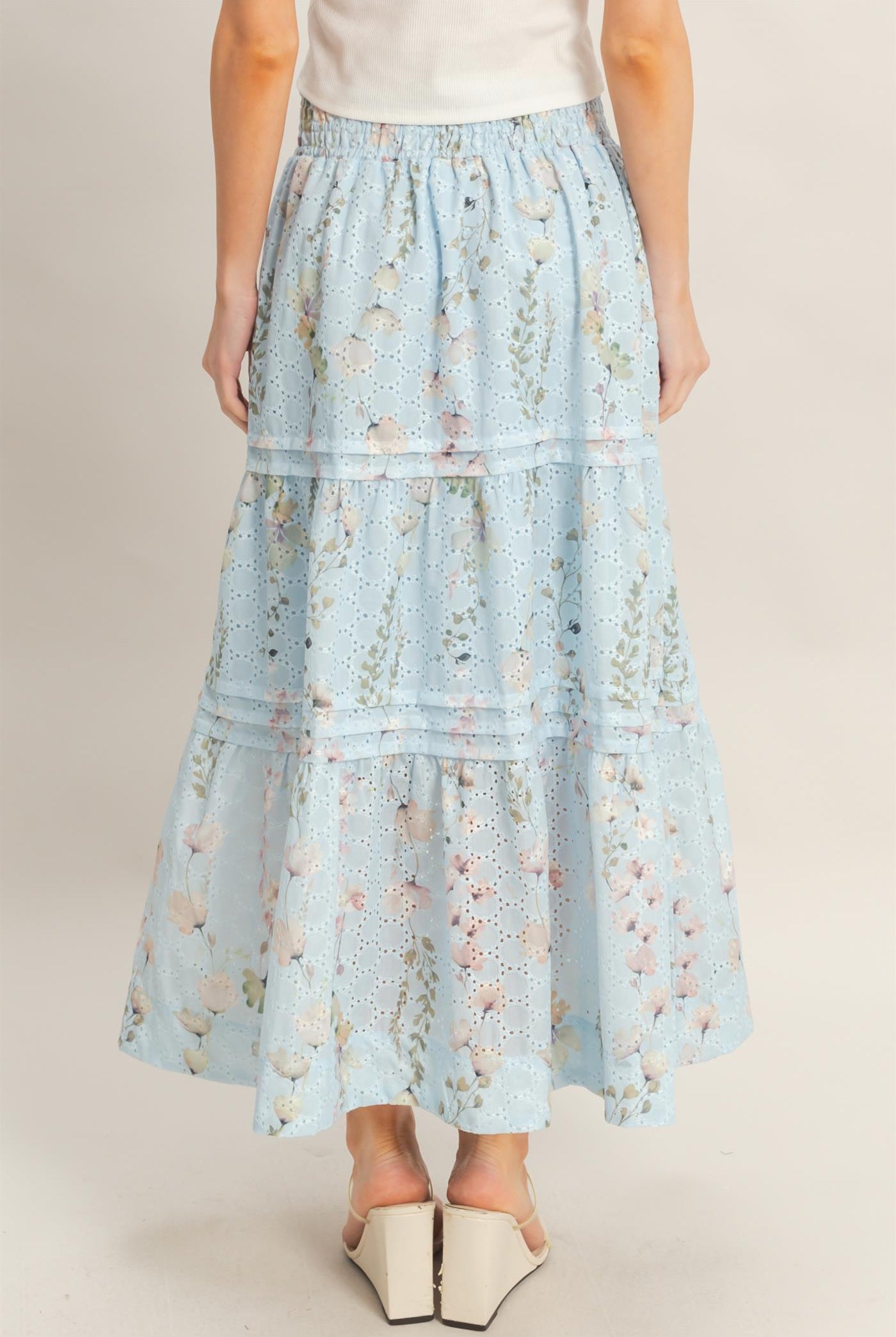 Wholesale Floral Smocked Waist Skirt Skirts HF26A361-D BLUE HYFVE