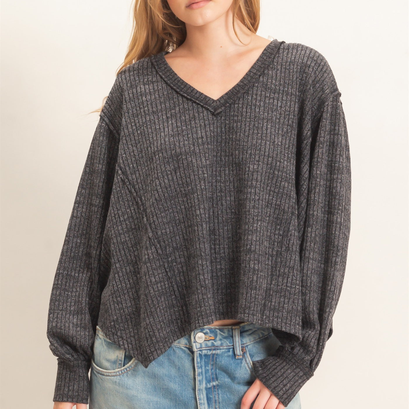 Wholesale Ribbed V-Neck Knit Top Shirts HF26F351 BLACK HYFVE