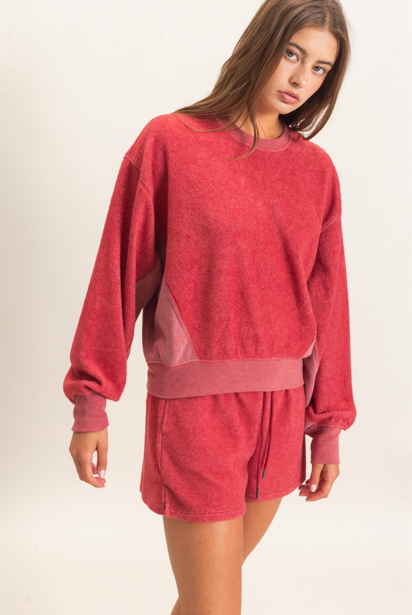 Wholesale Contrast Sweatshirt & Shorts Set Clothing DZ25F478-SET DARK RED DOUBLE ZERO