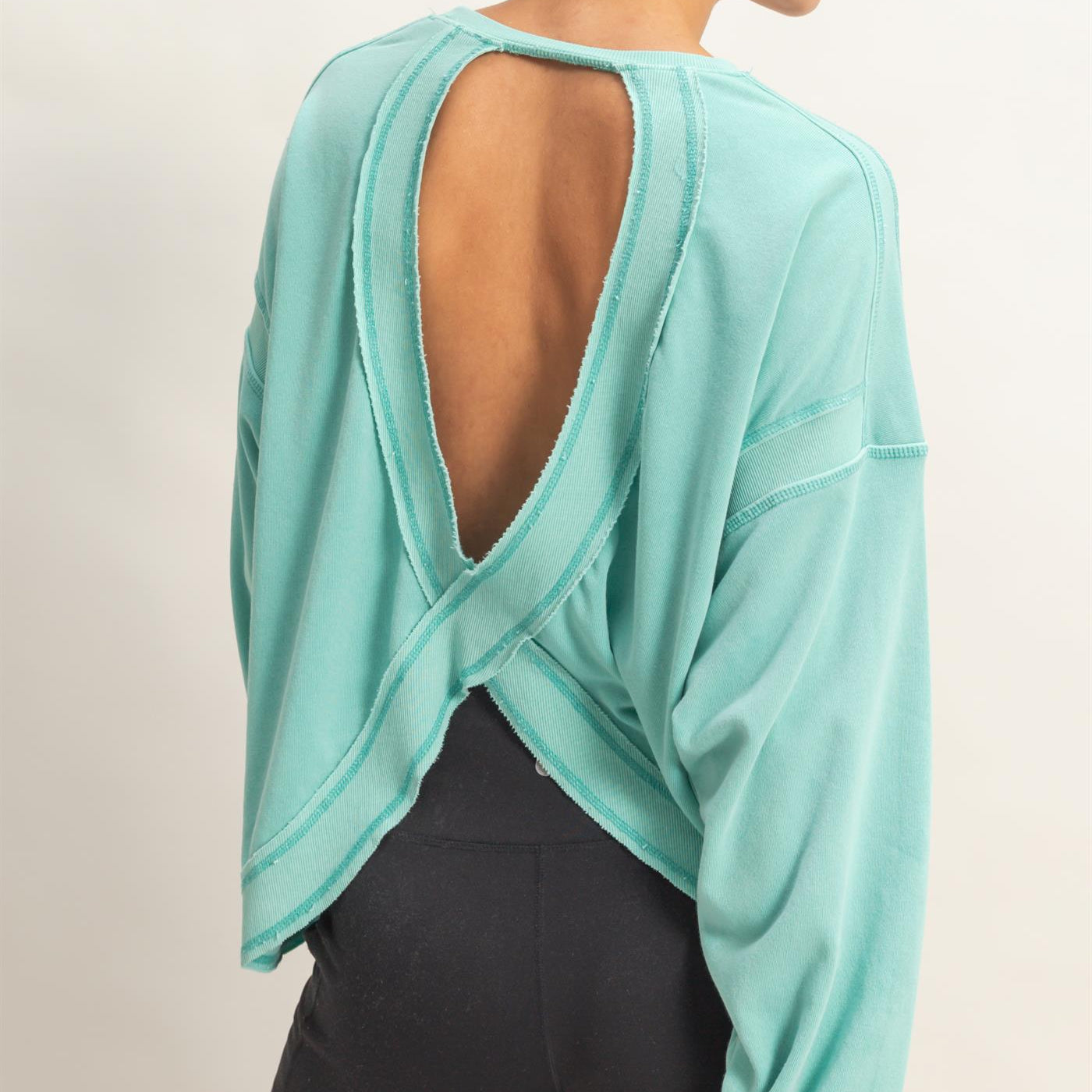 Wholesale Oversized Cross Detail Open Back Sweatshirt Clothing Tops DZ26E050 TURQUOISE DOUBLE ZERO