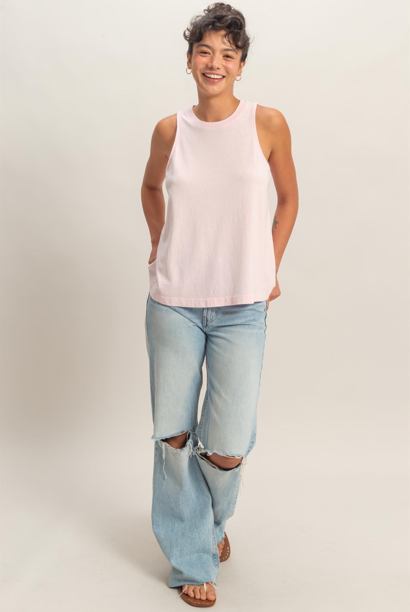 Wholesale Mineral Washed Sleeveless Top Clothing Tops DZ26A739 SOFT PINK DOUBLE ZERO