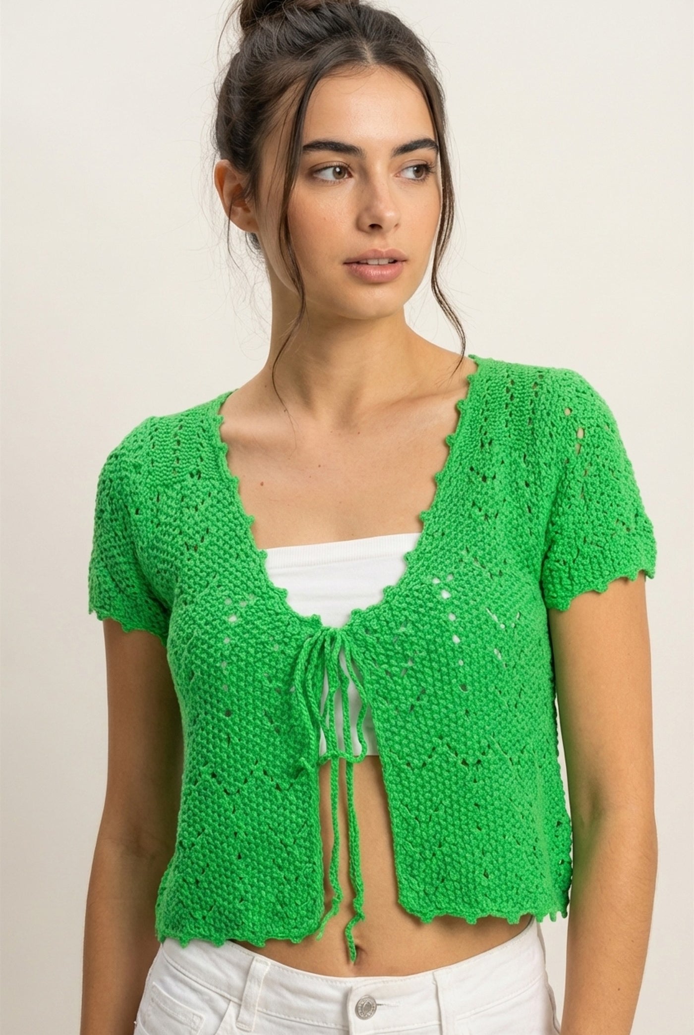 Wholesale Pointelle Tie Front Knit Cardigan Clothing Tops DZ24C268 GREEN DOUBLE ZERO