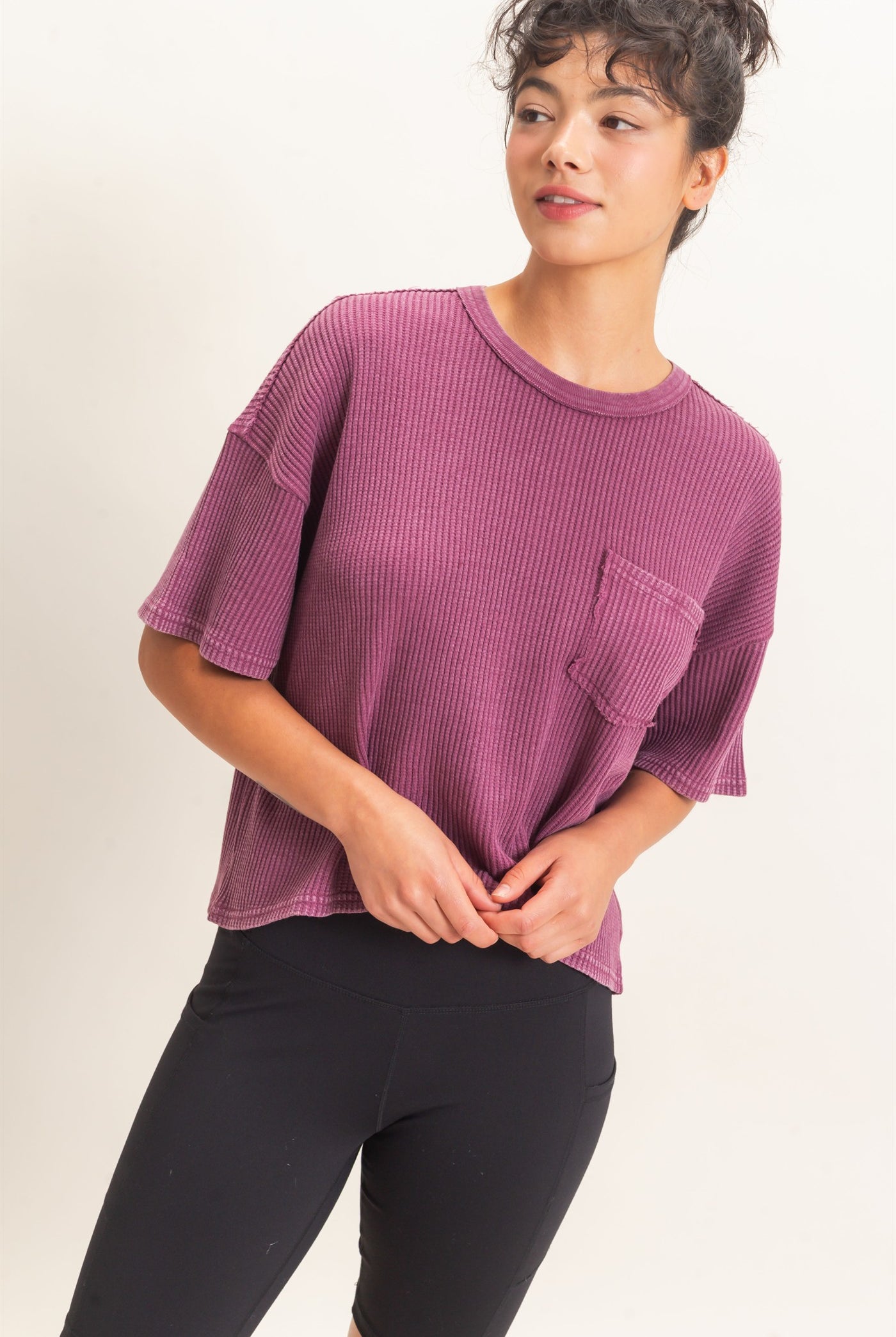Wholesale Mineral Wash Waffle Knit Pocket Top Clothing Tops DZ26E222 DARK CHERRY DOUBLE ZERO