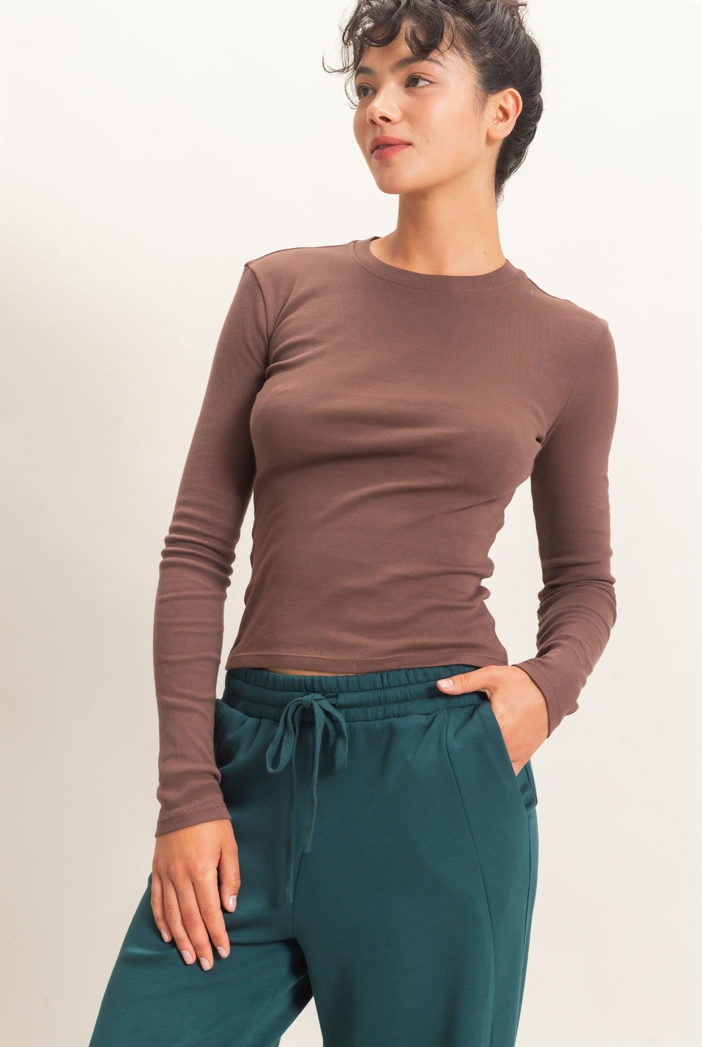 Wholesale Crew Neck Long Sleeve Top Clothing Tops DZ26E184 DARK BROWN DOUBLE ZERO