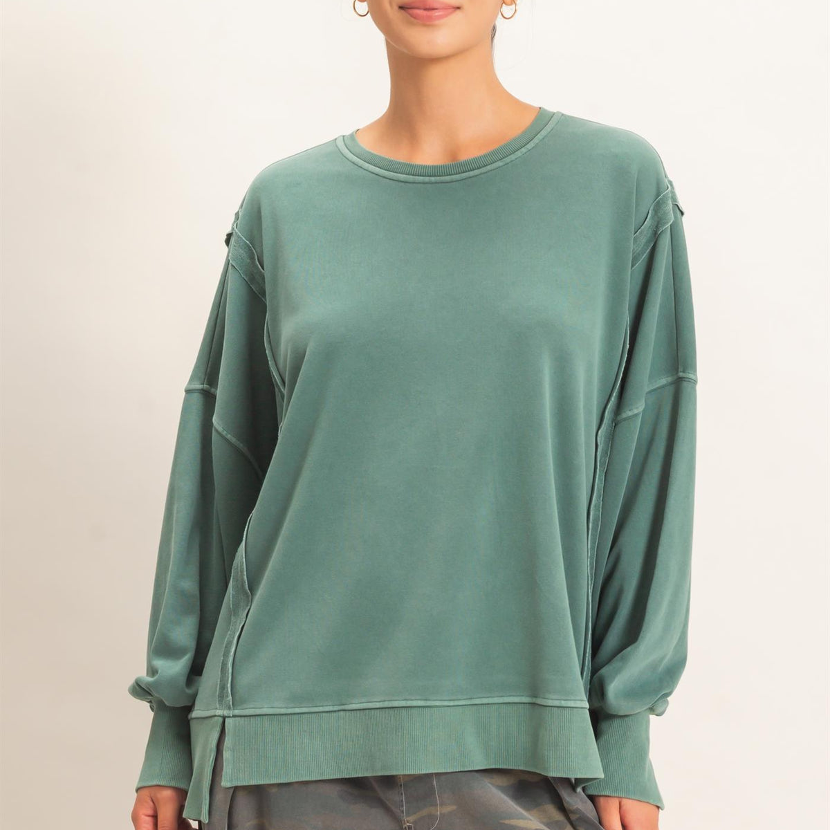 Wholesale Pigment Dye Oversized Raw Edge Sweatshirt Sweatshirts DZ26C737 DARK GREEN DOUBLE ZERO