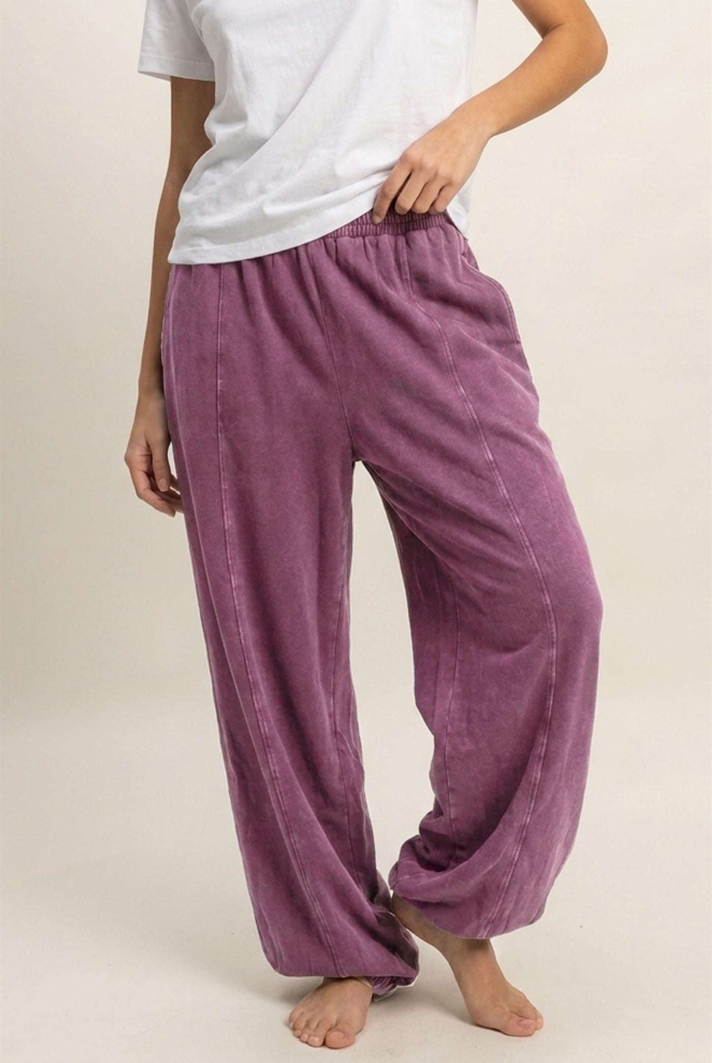 Wholesale Mineral Wash Elastic Waist Jogger Pants Joggers DZ26F405 DARK CHERRY DOUBLE ZERO