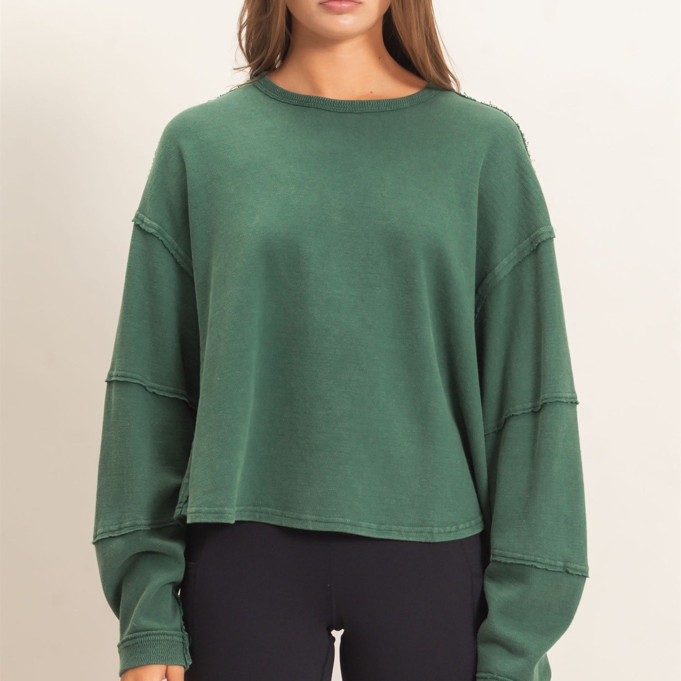 Wholesale Mineral Wash Overzised Raw Edge Crew Neck Top Clothing Tops DZ26E449 DARK GREEN DOUBLE ZERO