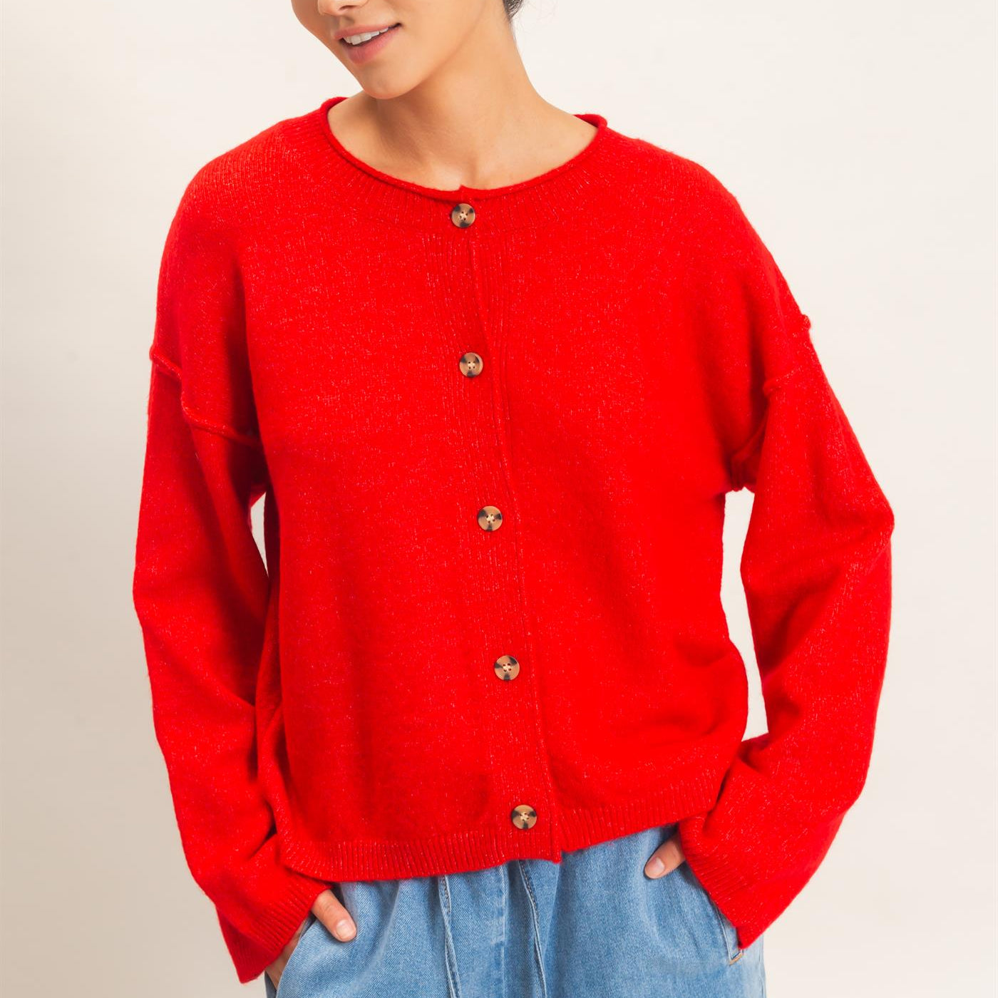Wholesale Crew Neck Loose Fit Cardigan Cardigans DZ26E269 RED DOUBLE ZERO