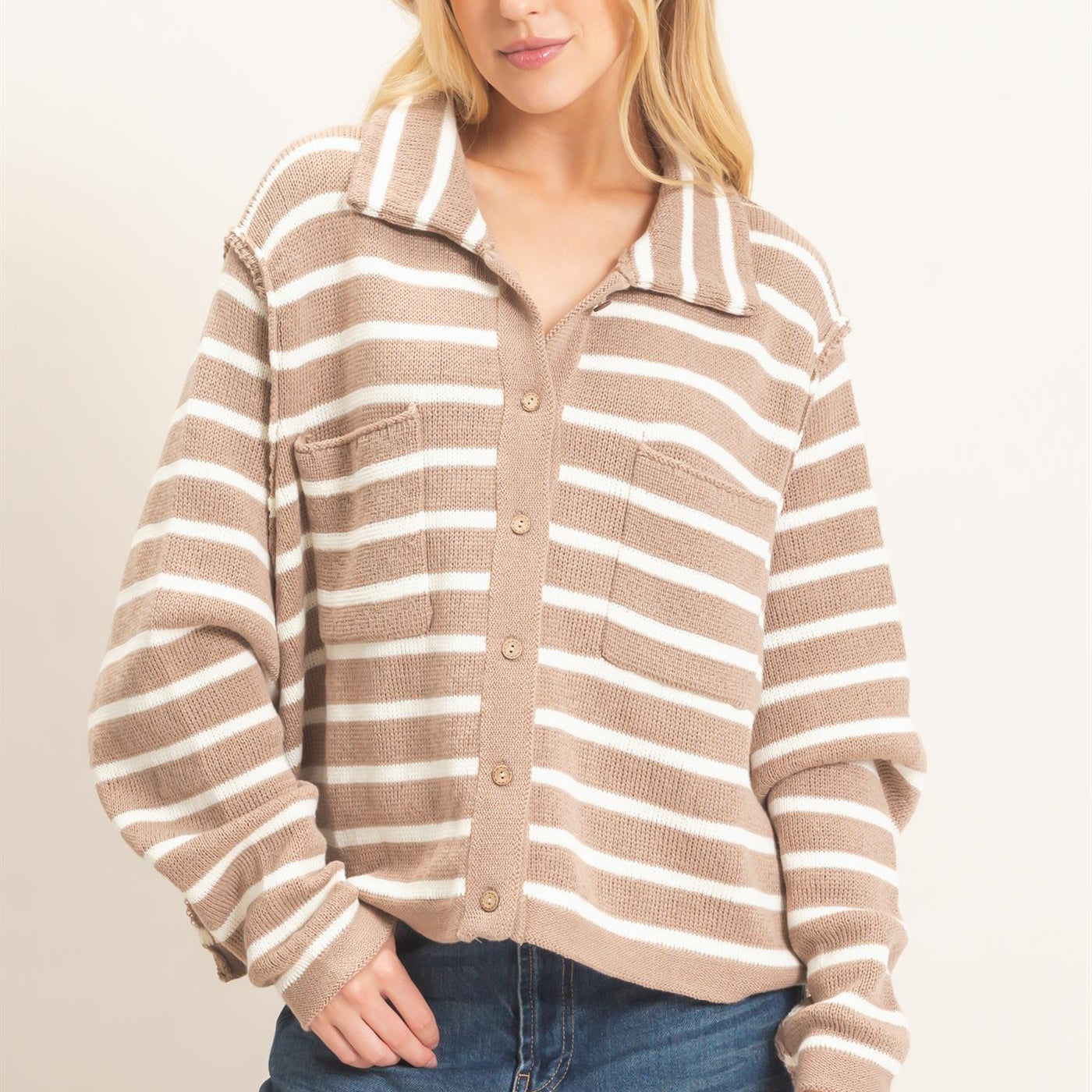 Wholesale Striped Button Front Cardigan Sweaters HF26F197 TAUPE HYFVE