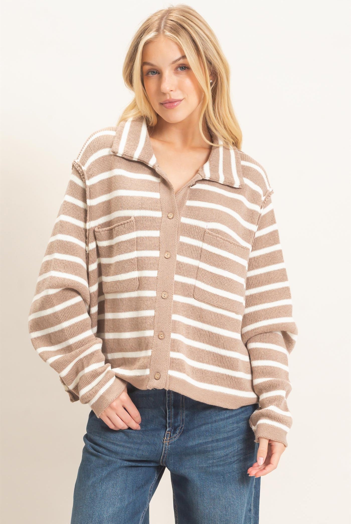 Wholesale Striped Button Front Cardigan Sweaters HF26F197 TAUPE HYFVE