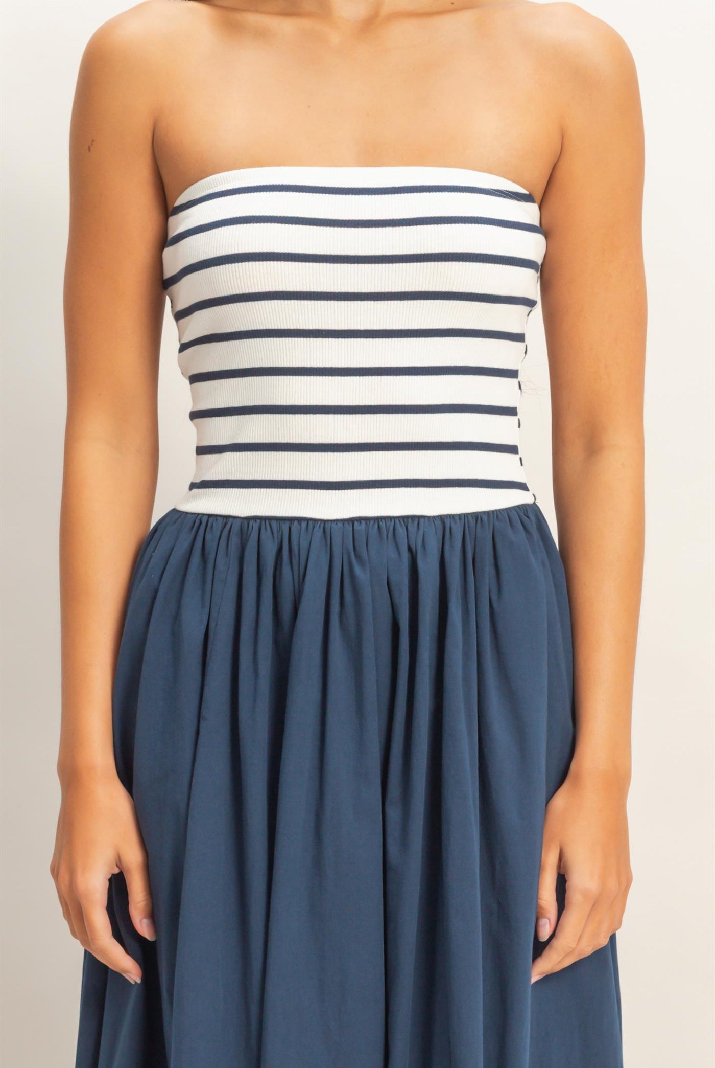 Wholesale Striped Strapless Flowy Midi Dress Dresses DZ26C169 NAVY DOUBLE ZERO