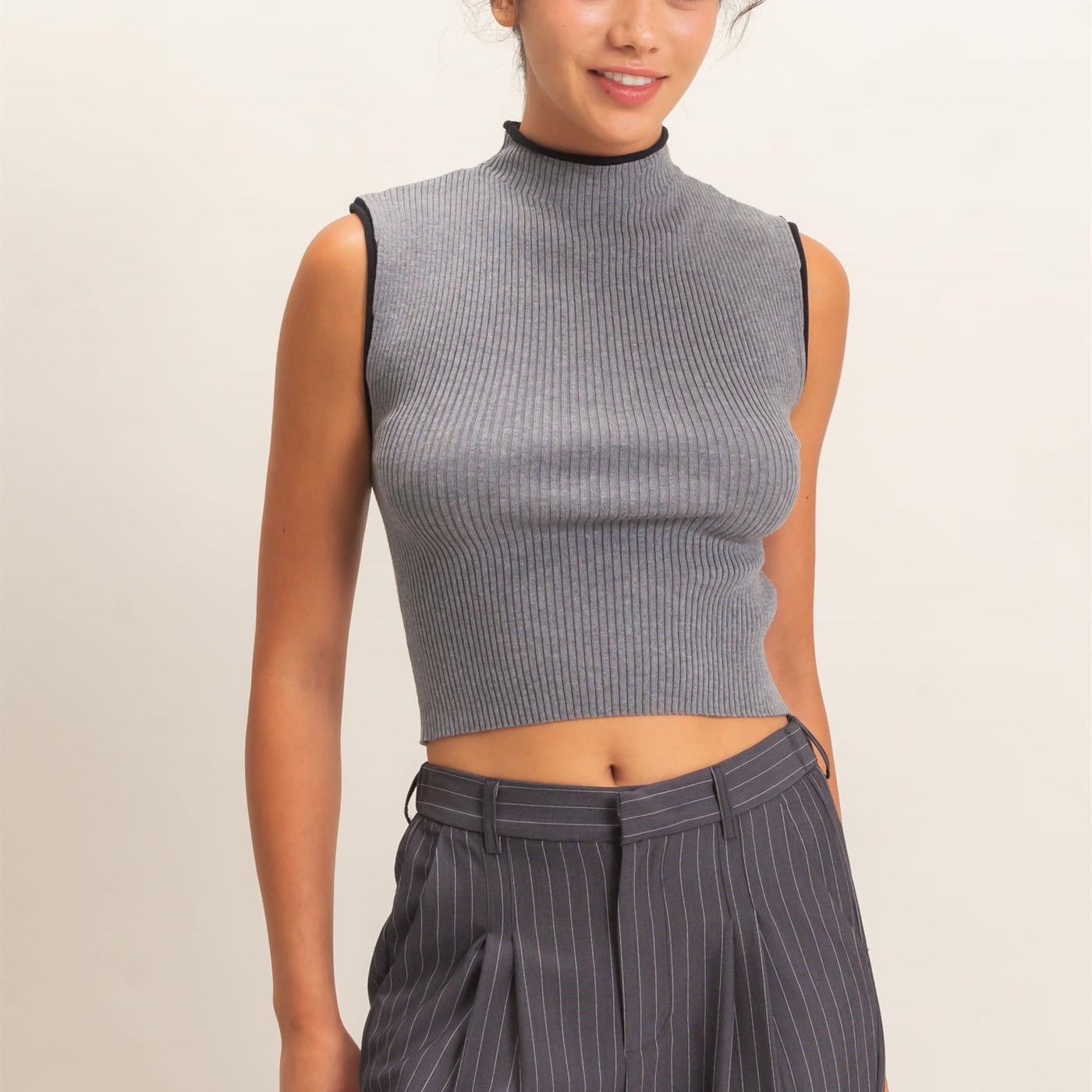 Wholesale Ribbed Mock Neck Sleeveless Top Clothing Tops DZ26E777 HEATHER GRAY DOUBLE ZERO