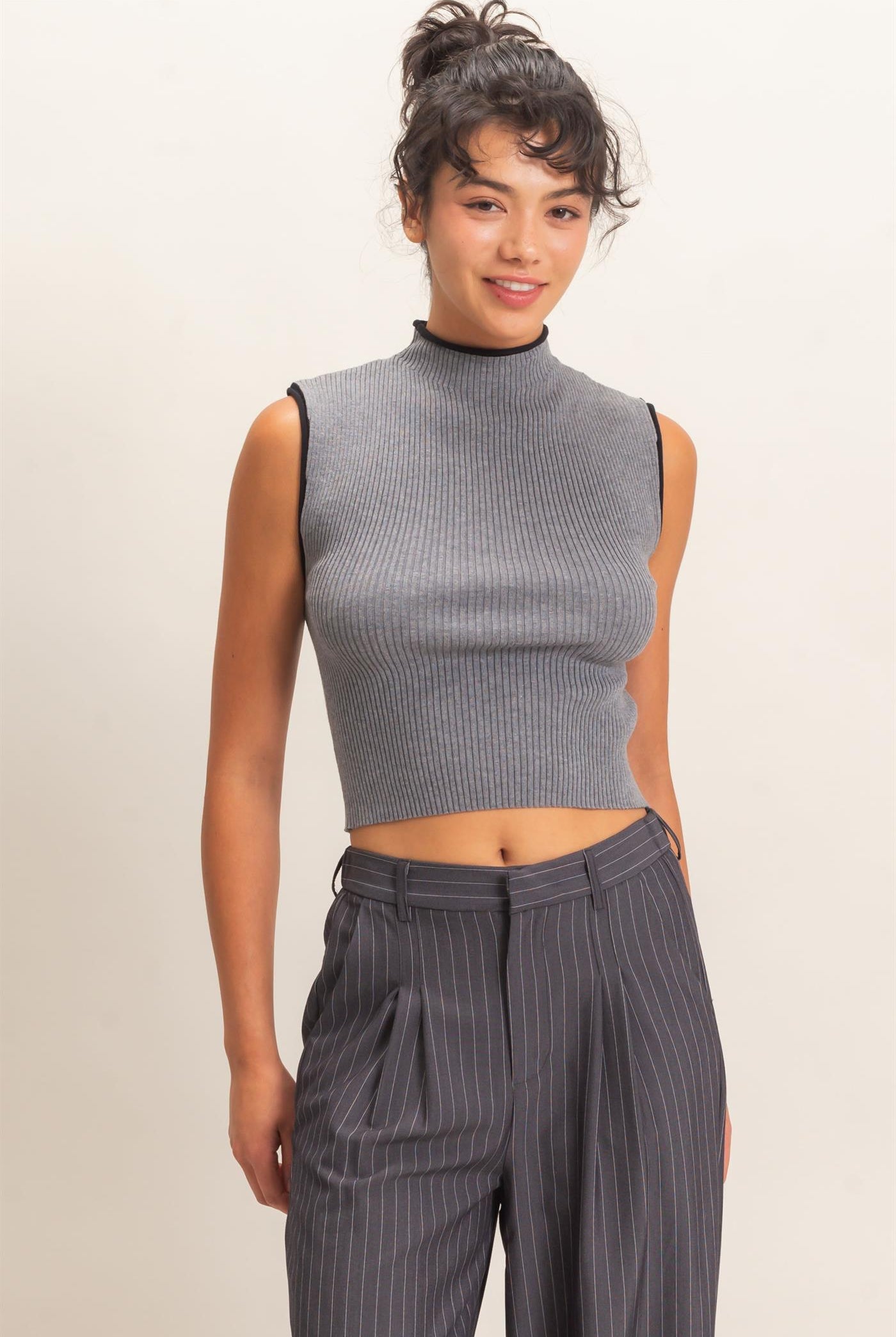 Wholesale Ribbed Mock Neck Sleeveless Top Clothing Tops DZ26E777 HEATHER GRAY DOUBLE ZERO