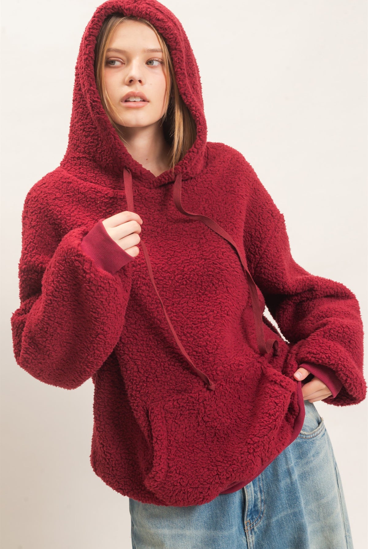 Wholesale Plush Sherpa Pullover Hoodie Hoodies HF26F289 BURGUNDY HYFVE