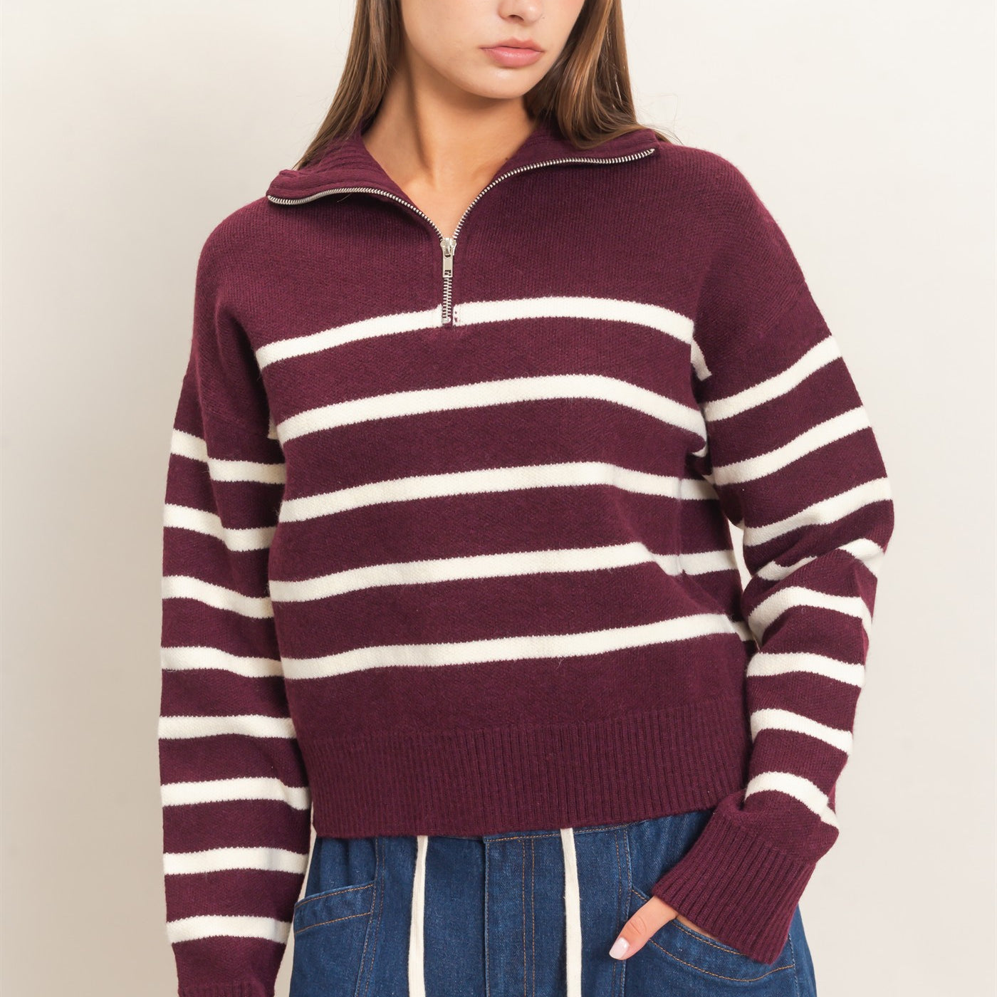 Wholesale Half-Zip Collared Stripe Sweater Sweaters DZ26E950 DARK CHERRY DOUBLE ZERO