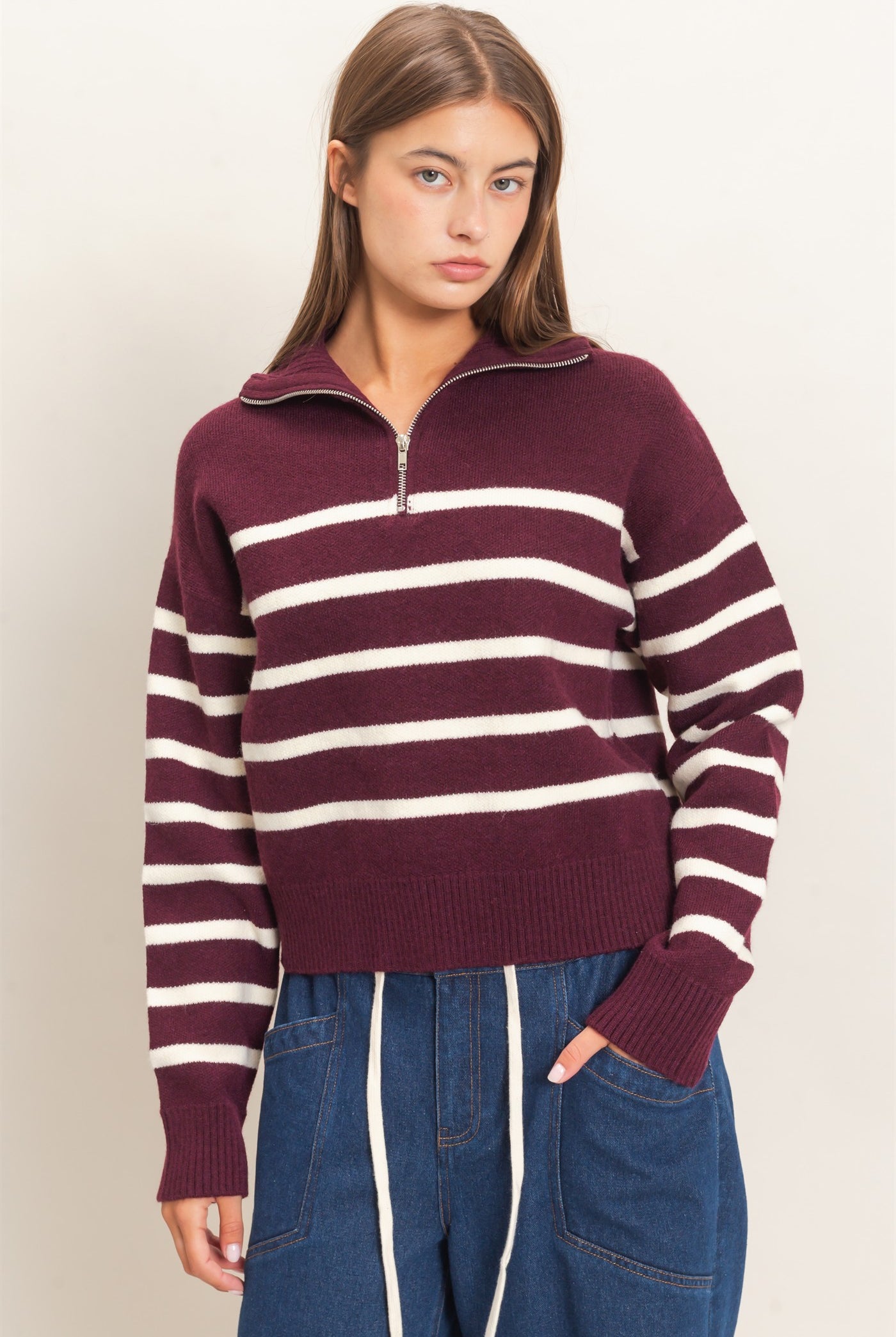 Wholesale Half-Zip Collared Stripe Sweater Sweaters DZ26E950 DARK CHERRY DOUBLE ZERO