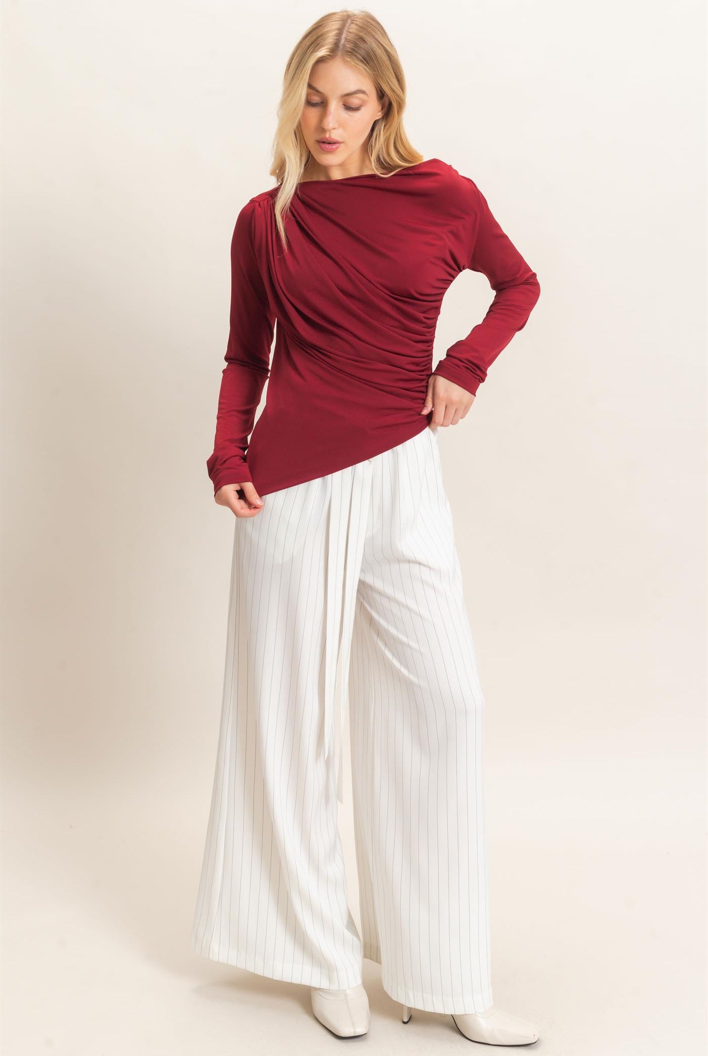 Wholesale Asymmetrical Ruched Long Sleeve Top Clothing Tops HF26C683 DARK RED HYFVE