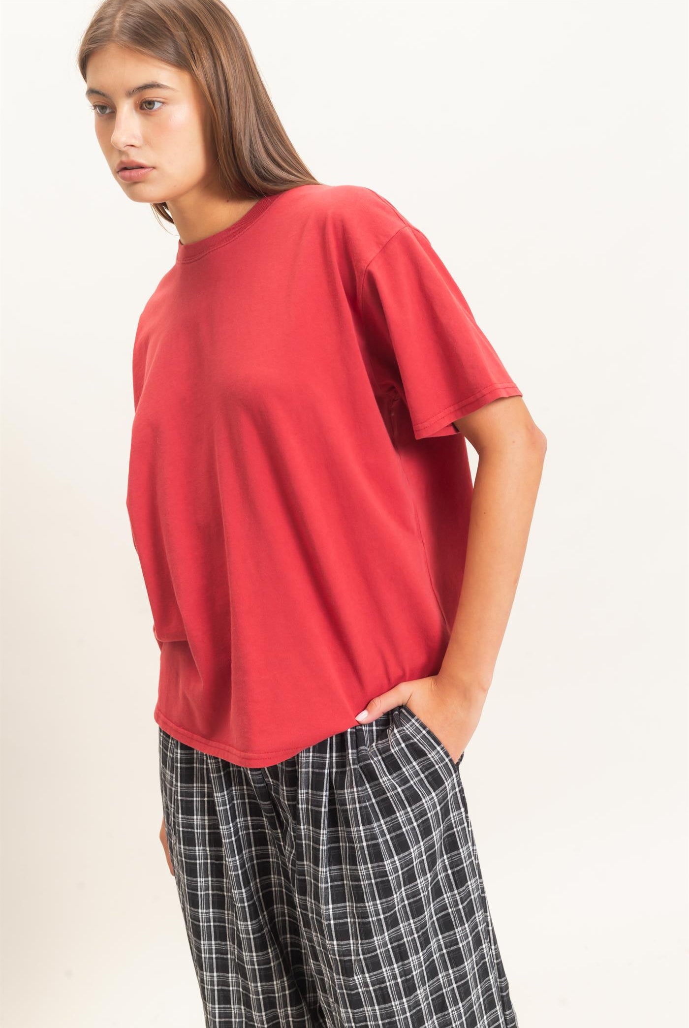 Wholesale Crew Neck Pigment Dye T-Shirt Clothing Tops DZ26E448 DARK RED DOUBLE ZERO