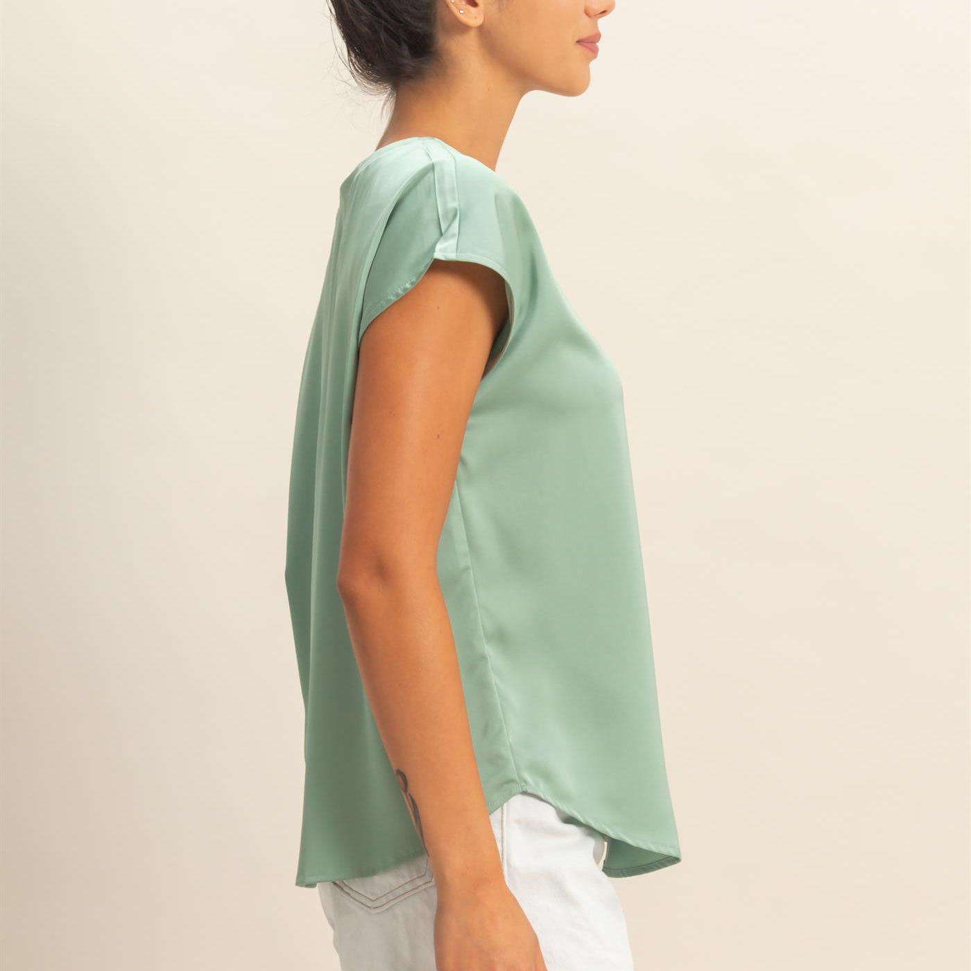 Wholesale Satin Dolman Sleeve Round Neck Blouse Clothing Tops DZ26C181 SAGE GREEN DOUBLE ZERO