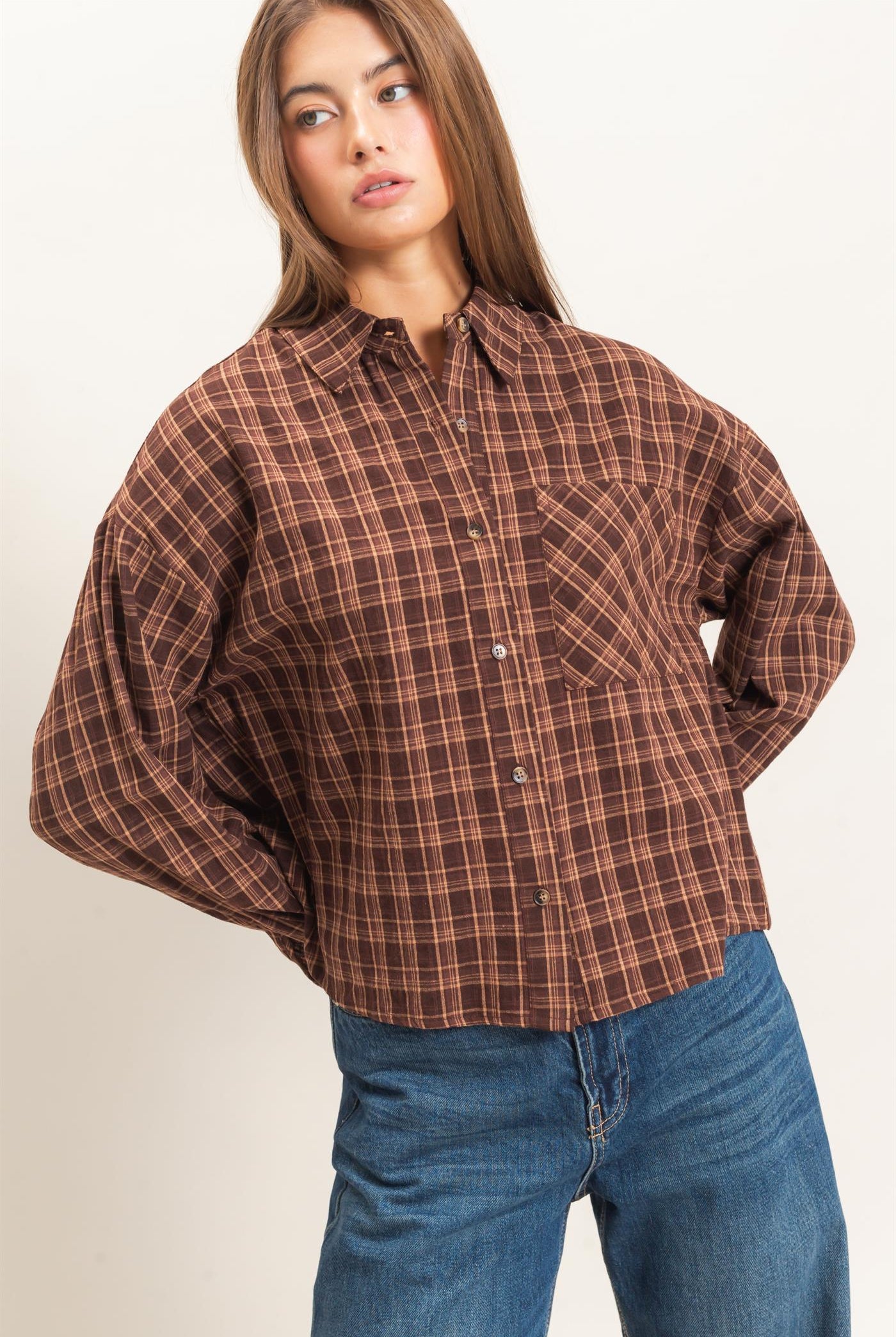 Wholesale Plaid Button-Up Shirt Clothing Tops DZ26E395 BROWN DOUBLE ZERO