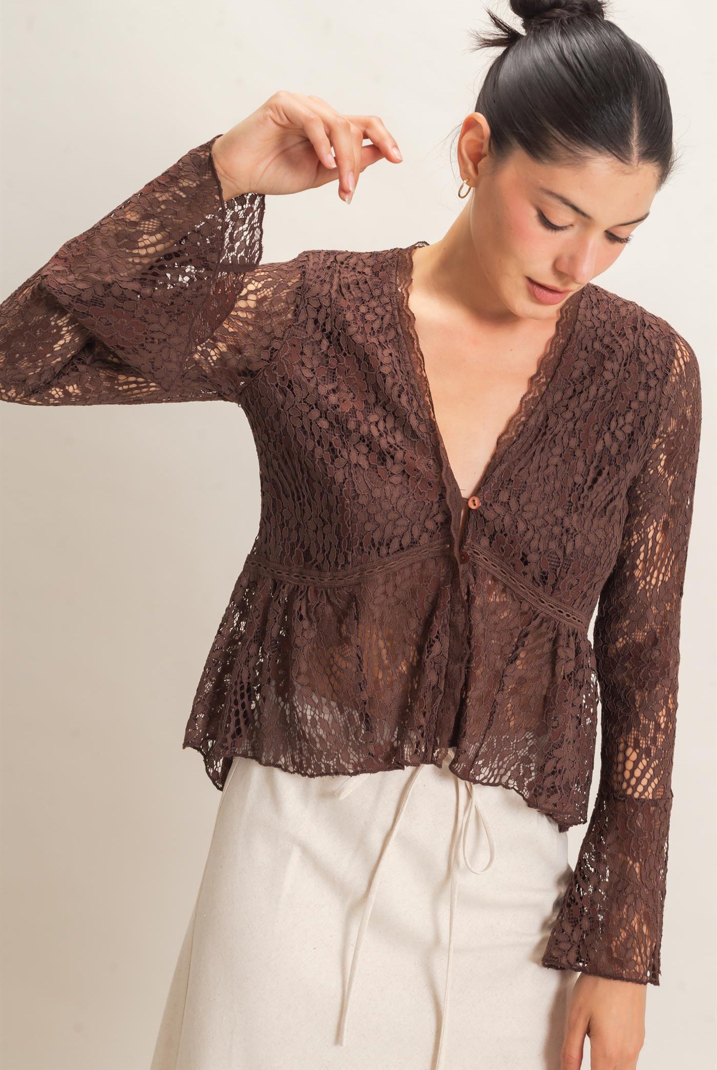 Wholesale Lace V-Neck Peplum Top Clothing Tops HF26E560 BROWN HYFVE