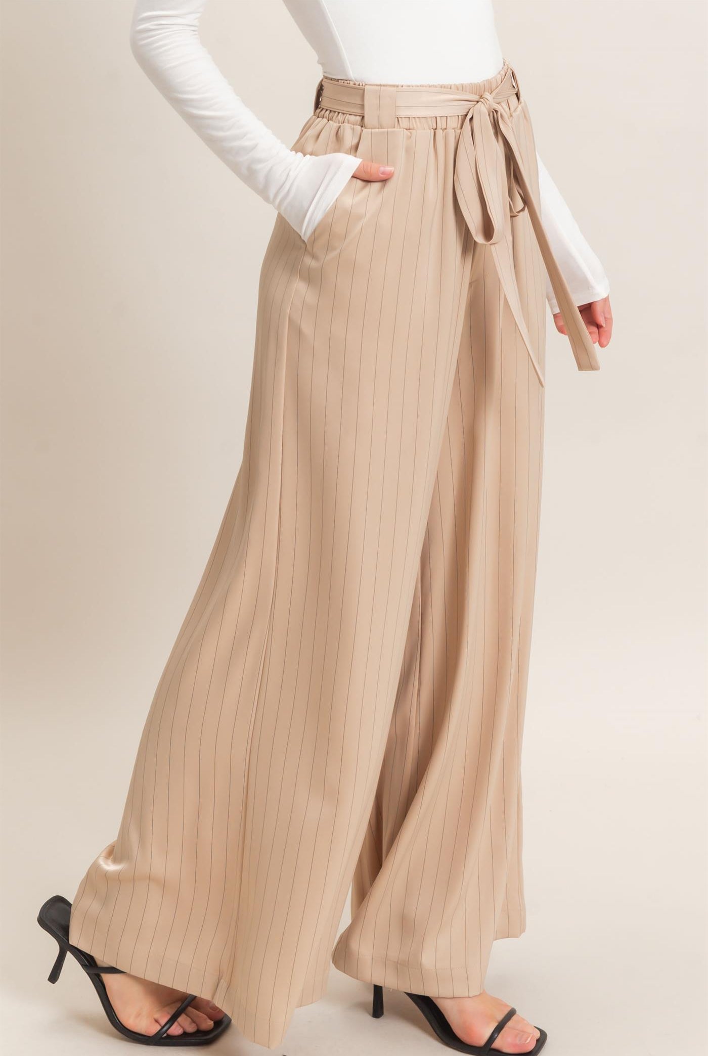 Wholesale Pinstripe Wide-Leg Pants Pants HF25F030 LIGHT TAUPE HYFVE