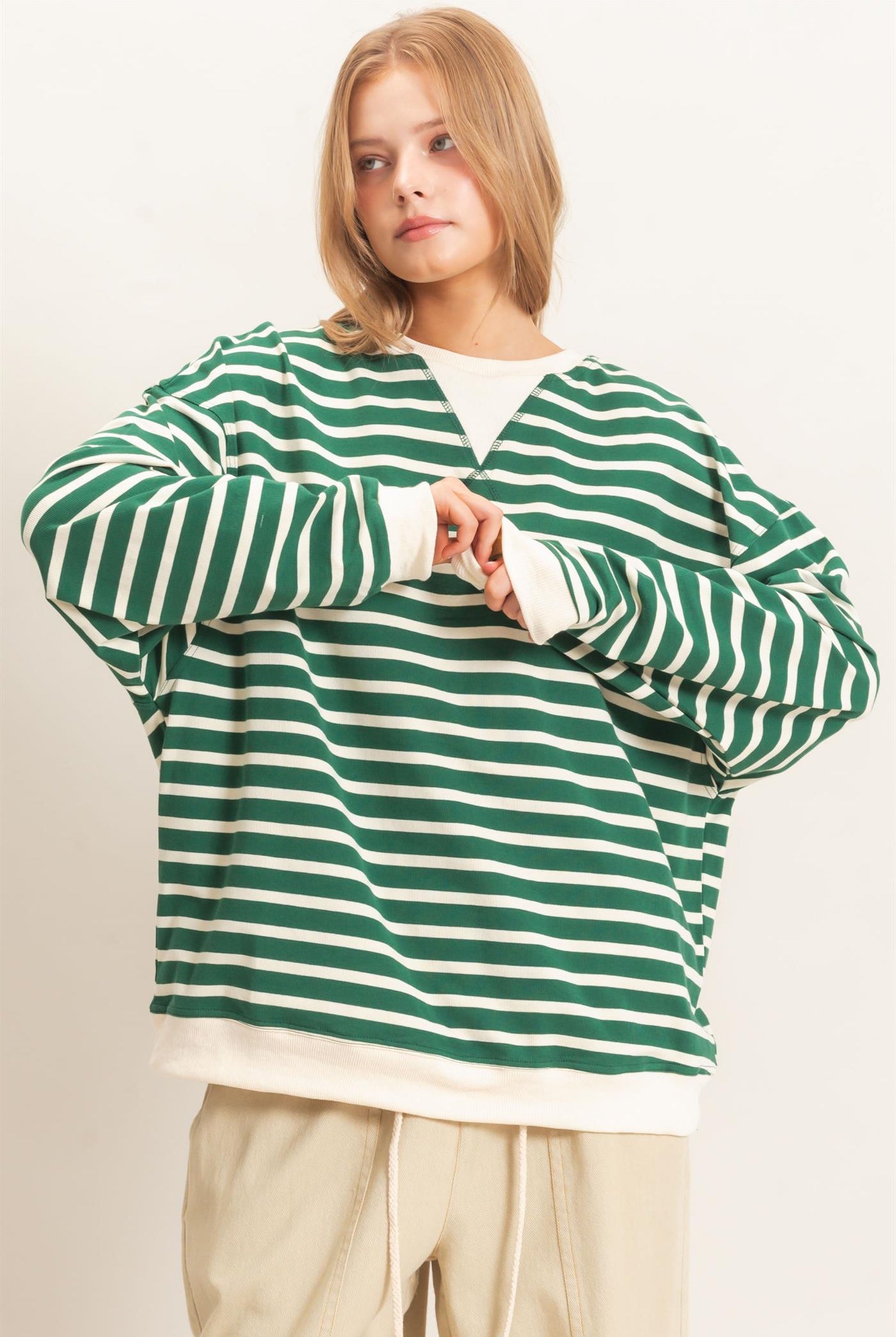 Wholesale Striped Long Sleeve Pullover Sweatshirts HF26F077 GREEN/CREAM HYFVE