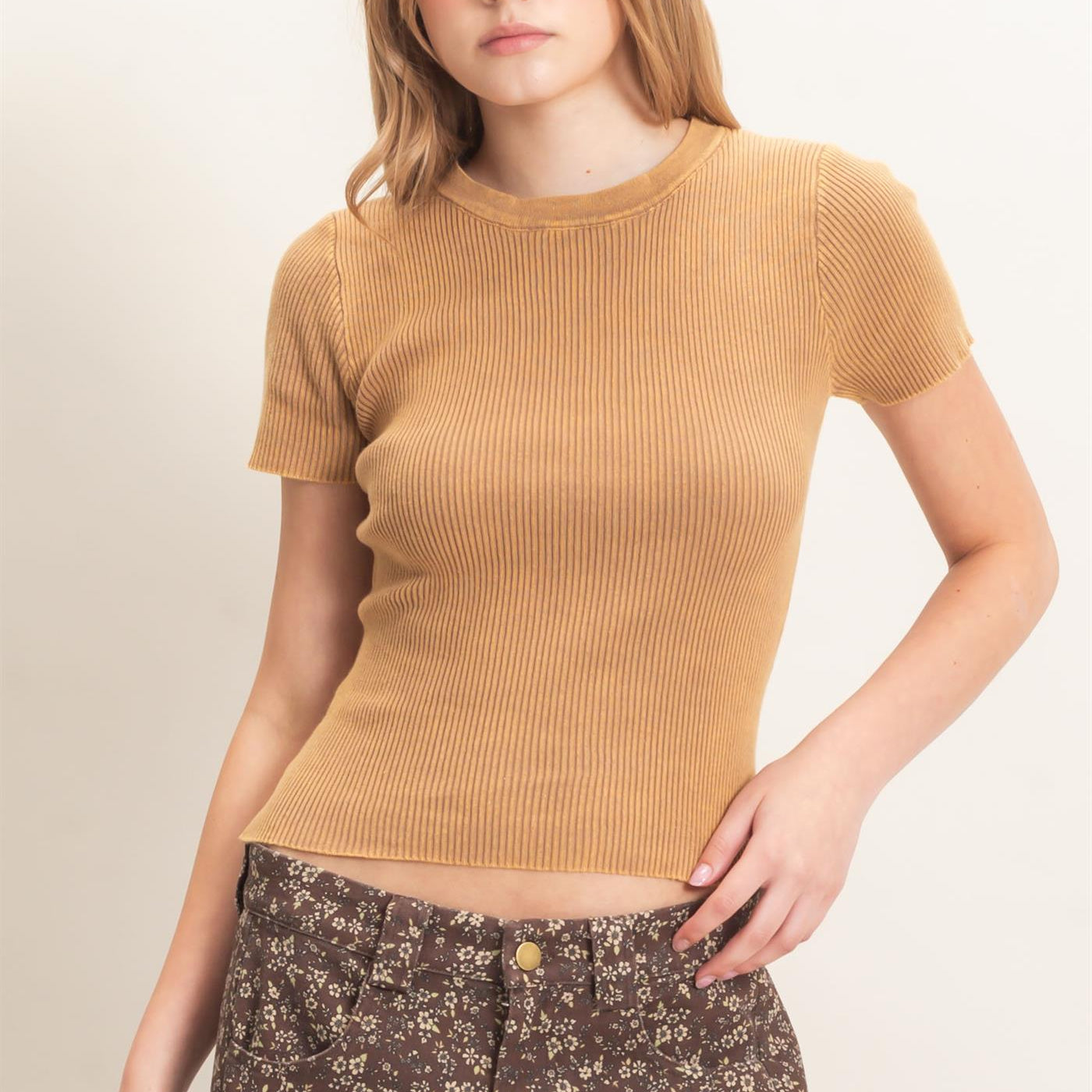 Wholesale Ribbed Crew Neck Top Clothing Tops HF26E473 WARM TAUPE HYFVE