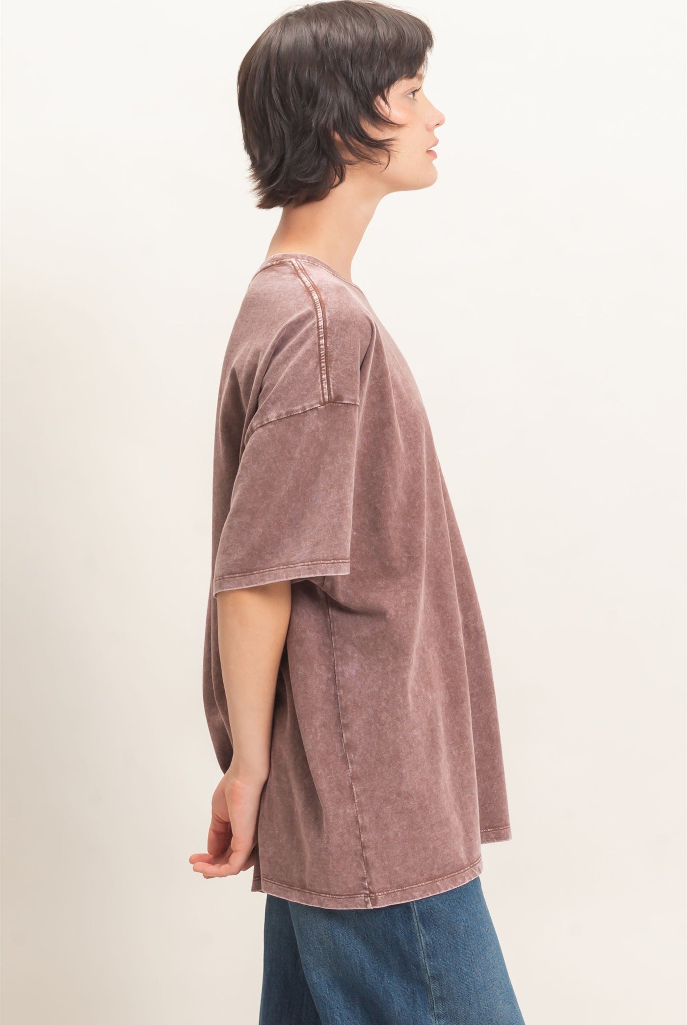 Wholesale Mineral Wash Oversized Crew Neck T-Shirts Clothing Tops DZ26C961 DARK BROWN DOUBLE ZERO
