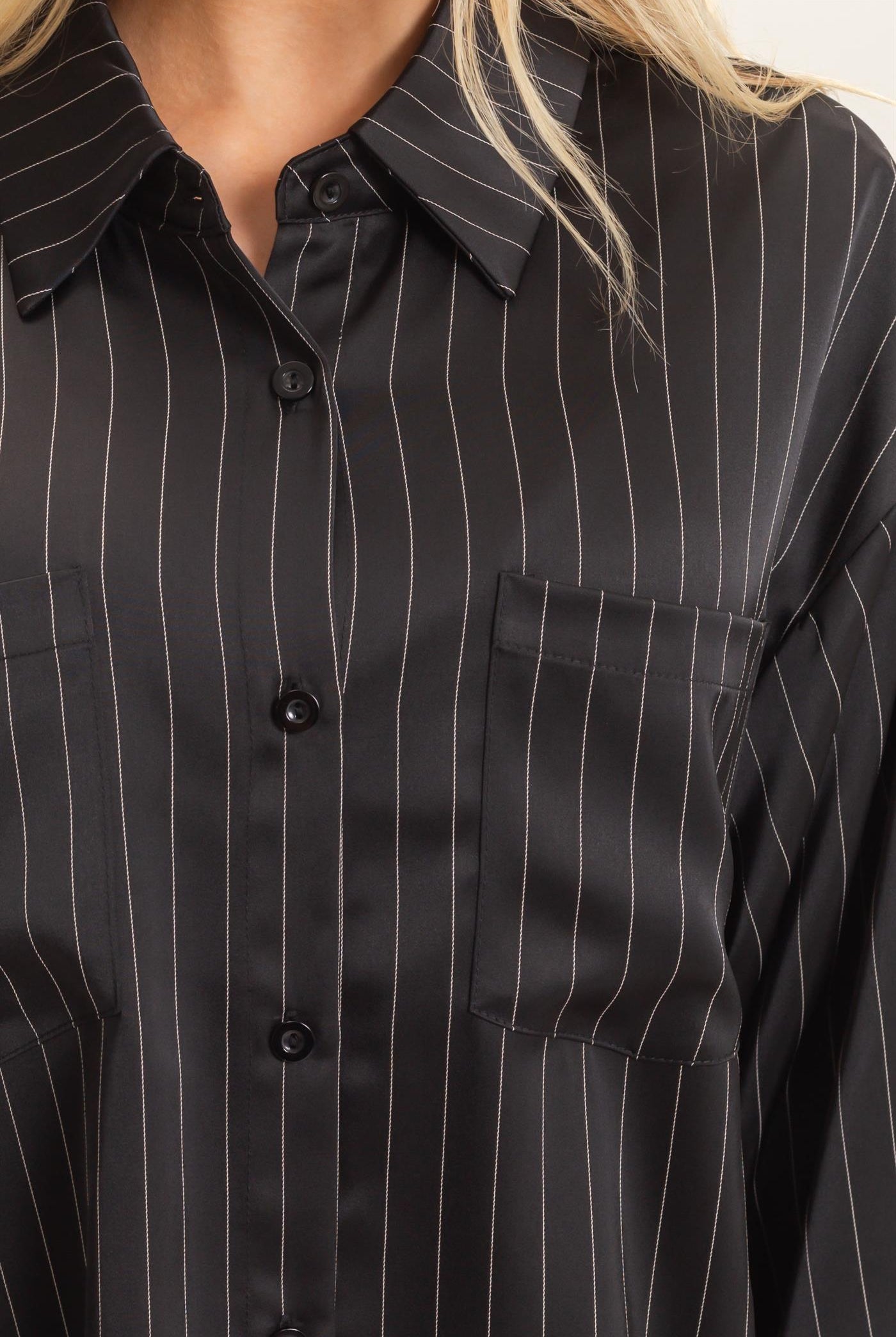Wholesale Striped Button-Up Blouse Blouses HF26C953 BLACK HYFVE