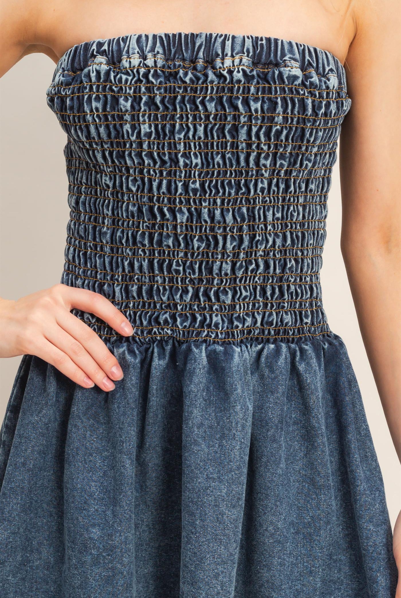 Wholesale Strapless Snow-Wash Dress Dresses HF26A491 DENIM HYFVE