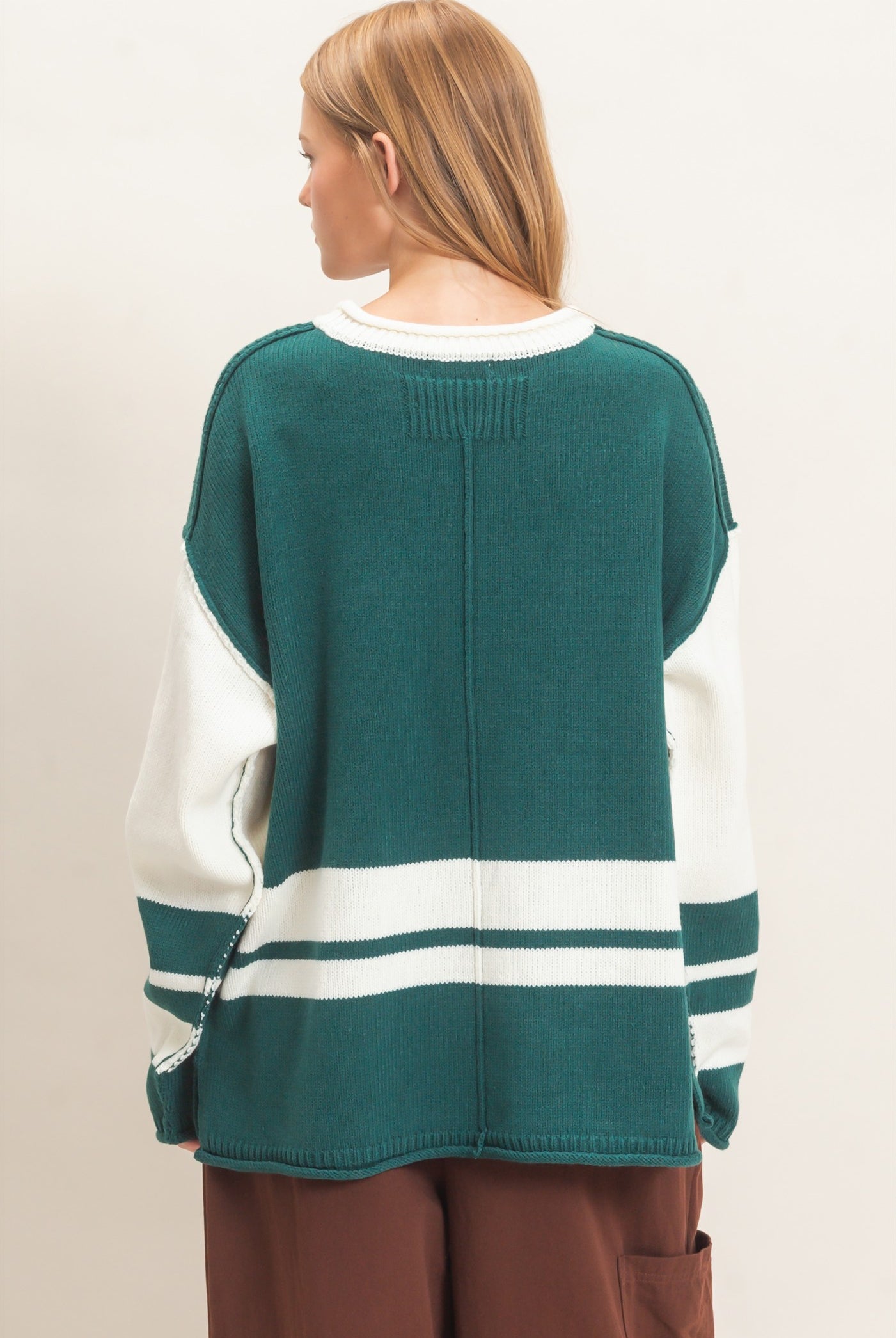 Wholesale Striped Crew Neck Sweater Sweaters HF26E793 TEAL GREEN HYFVE