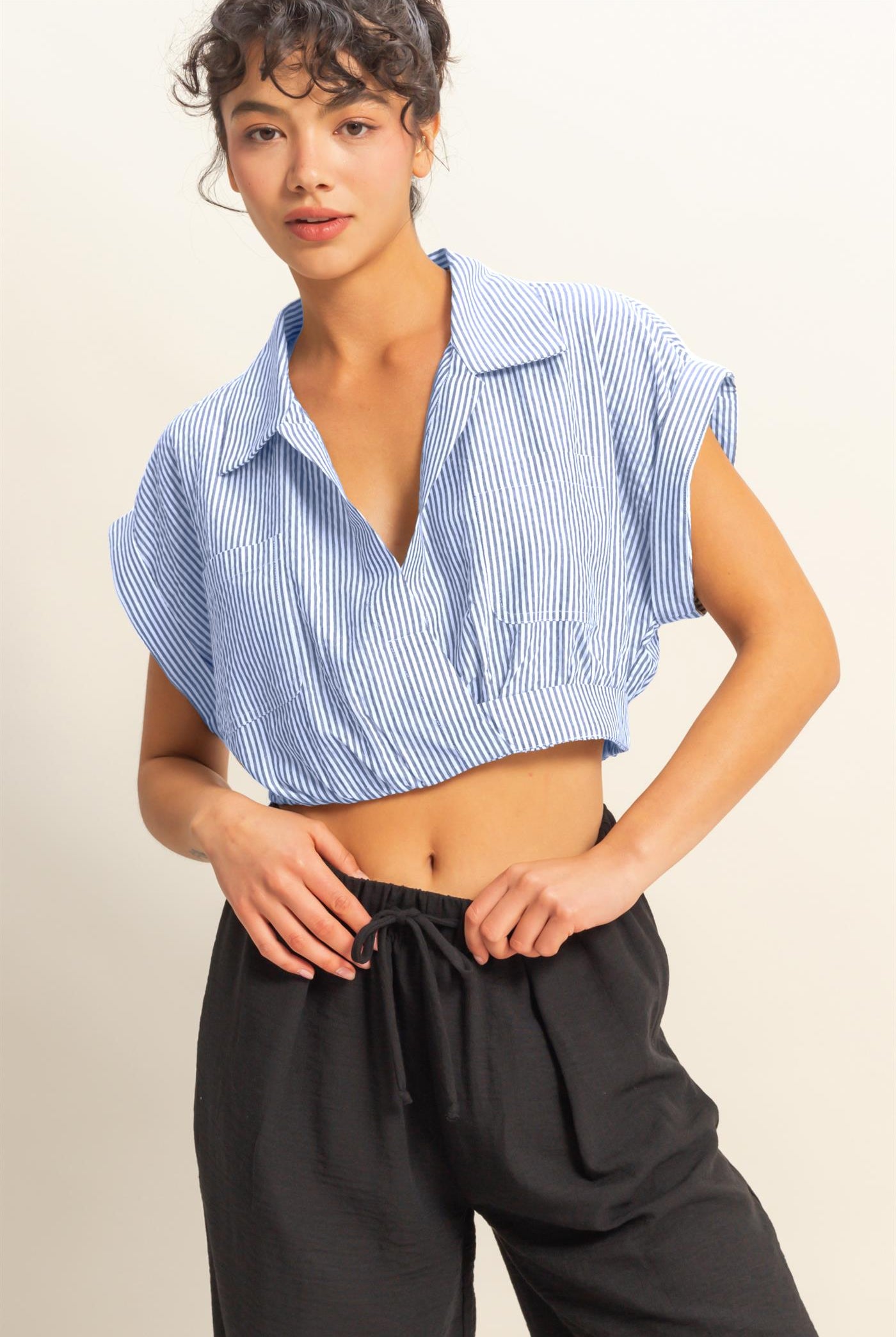 Wholesale Striped Short Sleeve Cropped Top Blouses DZ25C431 BLUE/WHITE DOUBLE ZERO