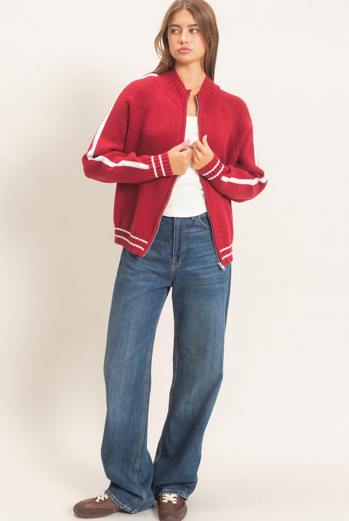 Wholesale Contrast Stripe Zip-Up Sweater Sweaters DZ26E861 DARK RED DOUBLE ZERO